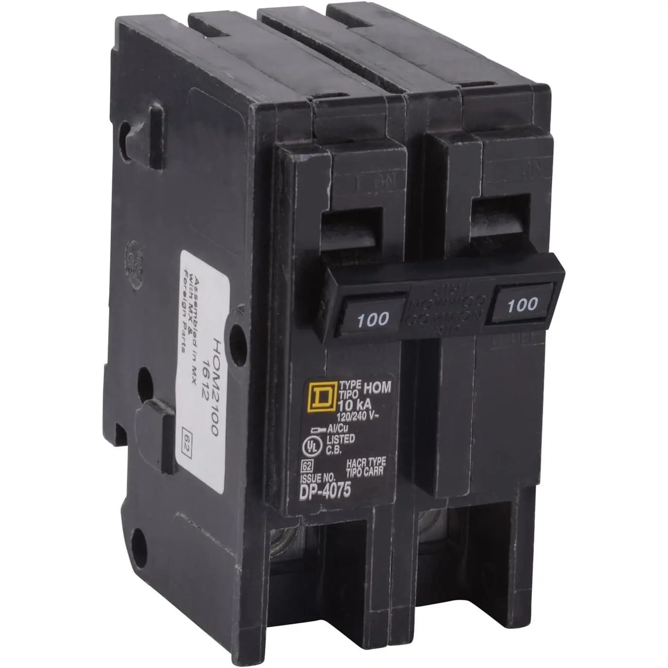 100 Amp Mini Circuit Breaker, 2 Pole, 120/240V AC, 10kA Breaking Capacity, Plug in Mount, Standard Type, Residential Use (‎HOM2100CP)