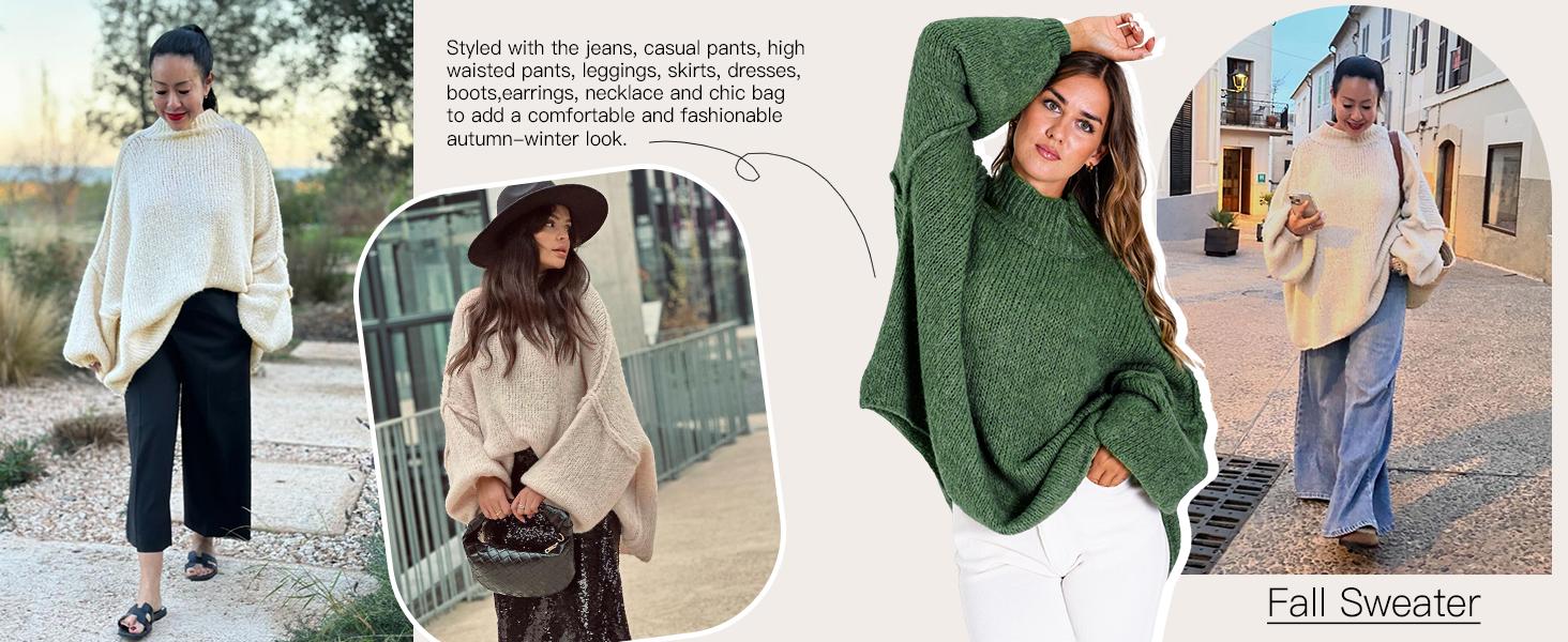Saodimallsu Womens Oversized Sweaters Mock Neck Batwing Long Sleeve 2025 Fall Trendy Ribbed Knit Casual Tunic Sweater