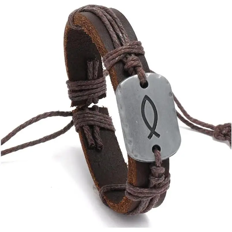 Sign of The Fish Men's Leather Wrap Bracelet Retro Braided Leather  Bracelet Adjustable for men
