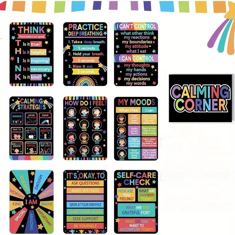 10pcs Classroom Calming Posters Set - Emotion Management & Feelings Chart, Educational Wall Decor for Preschool to Elementary Schools, 8x10 Inches, Unframed, Classroom Decorations for Teachers, Perfect for Room Decor