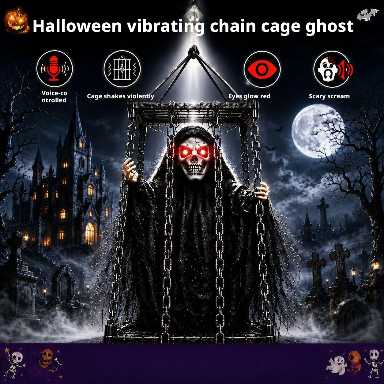 Halloween Hanging Cage Ghost Decoration, Sound Activated Shaking Prisoner Ghost Prop with Red Glowing Eyes & Scary Screams for Yard Haunted House Escape Room Party Decor