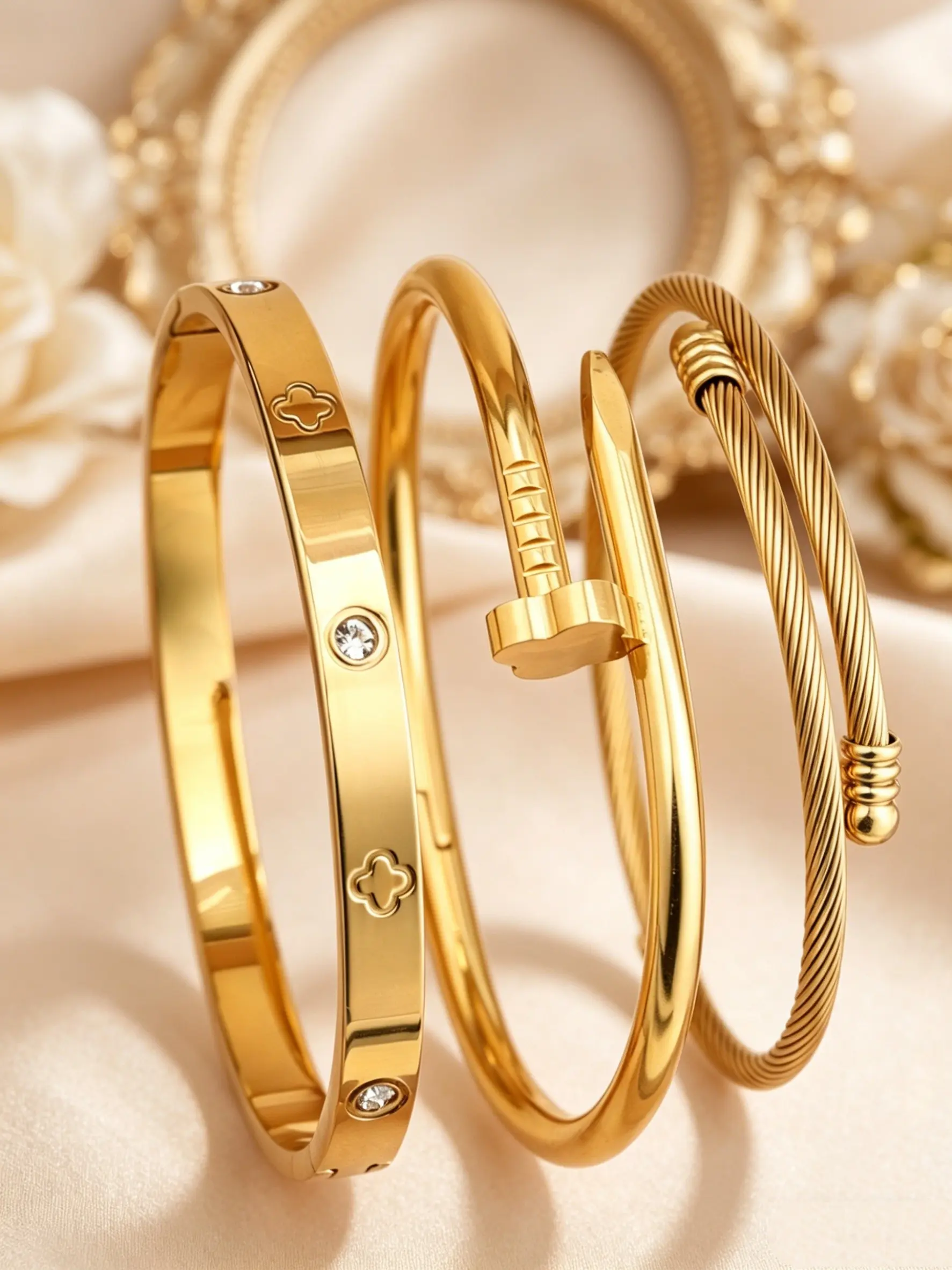Elegant Women's Bracelet Set, Stackable Bracelets, Elegant Bangle, Bracelets Jewelry, Stainless Steel Adjustable Open Design, Hypoallergenic, Fade-Resistant, Perfect for Parties and Gifts