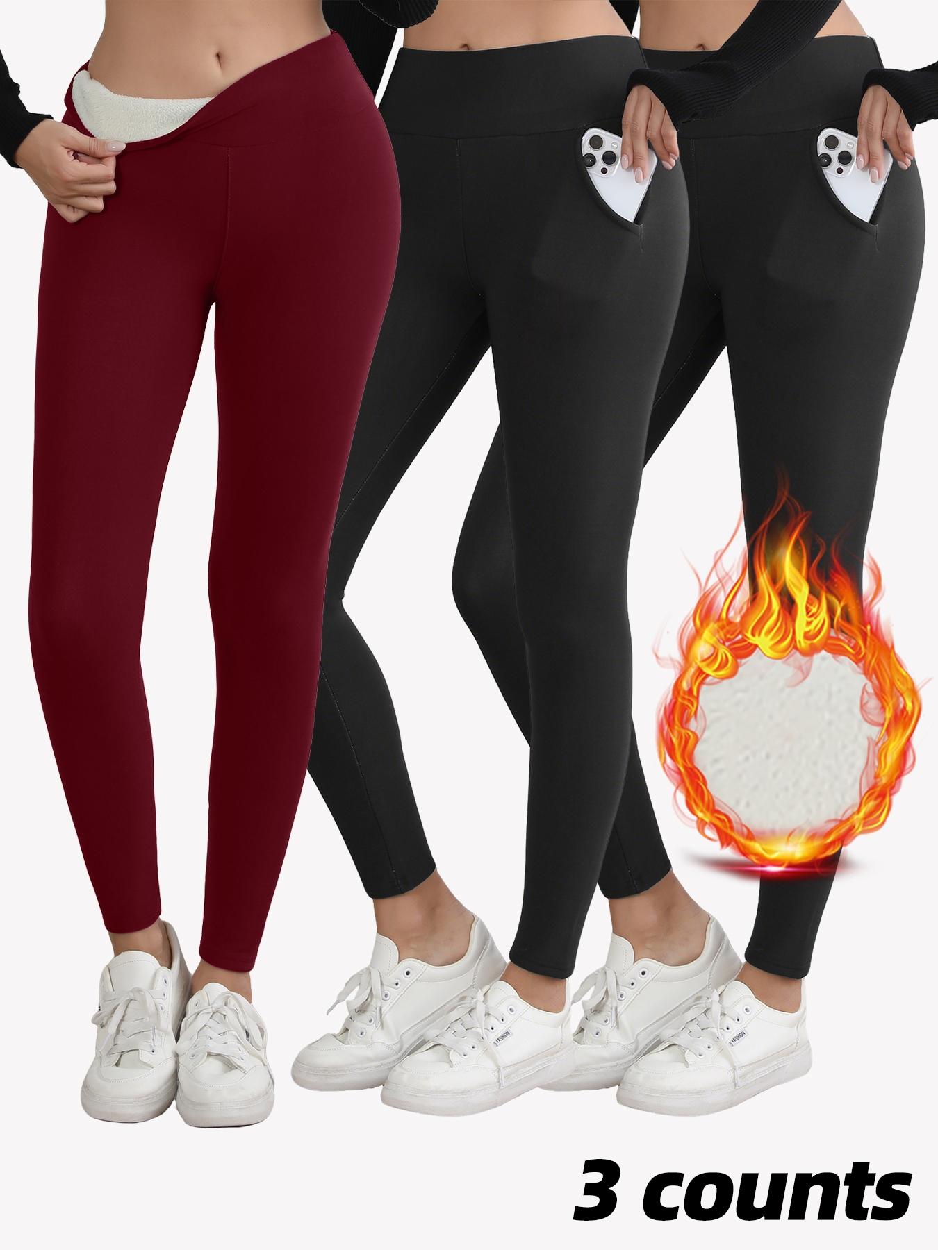 Women's Solid/Letter Embroidery Pocket Sports Leggings, Thermal Lined High Waist Skinny Pants, Ladies Warm Sportswear for Yoga Gym Workout, Yoga Training Pants