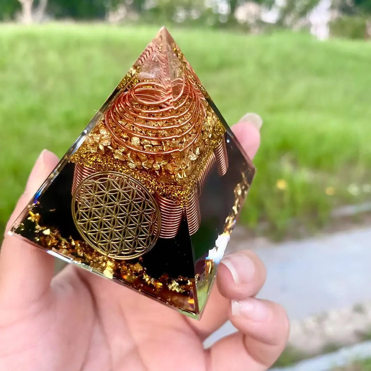 A unique Orgonite pyramid, copper wire, obsidian, crystal decoration, home office decoration, gift.
