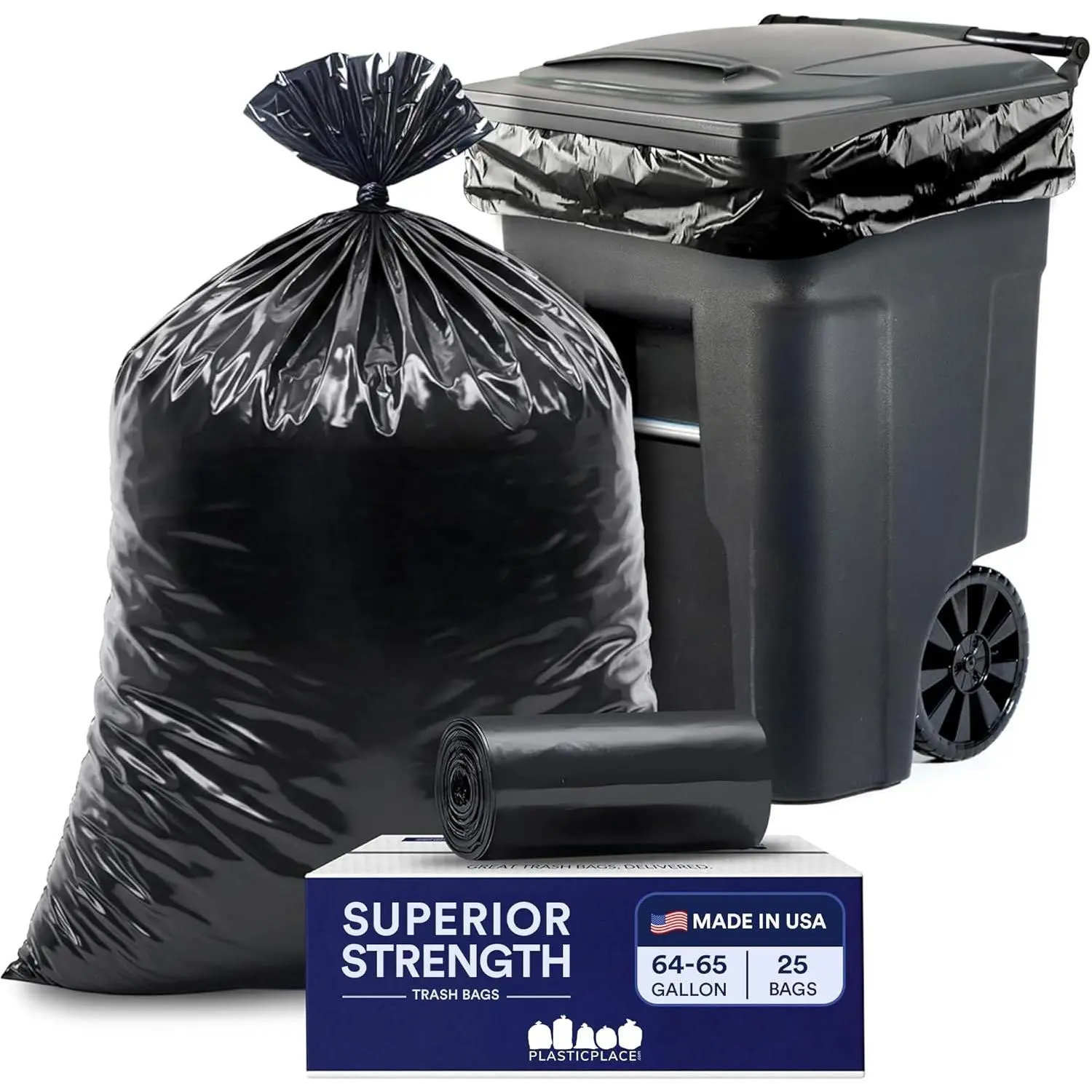 64-65 Gallon Black Trash Bags, Heavy Duty Toter Can Liners, Tear & Leak-Proof, Industrial Strength, 25 Count, Large Garbage Bags for Kitchen & Commercial Use 1.2 Mil, 50" x 60"