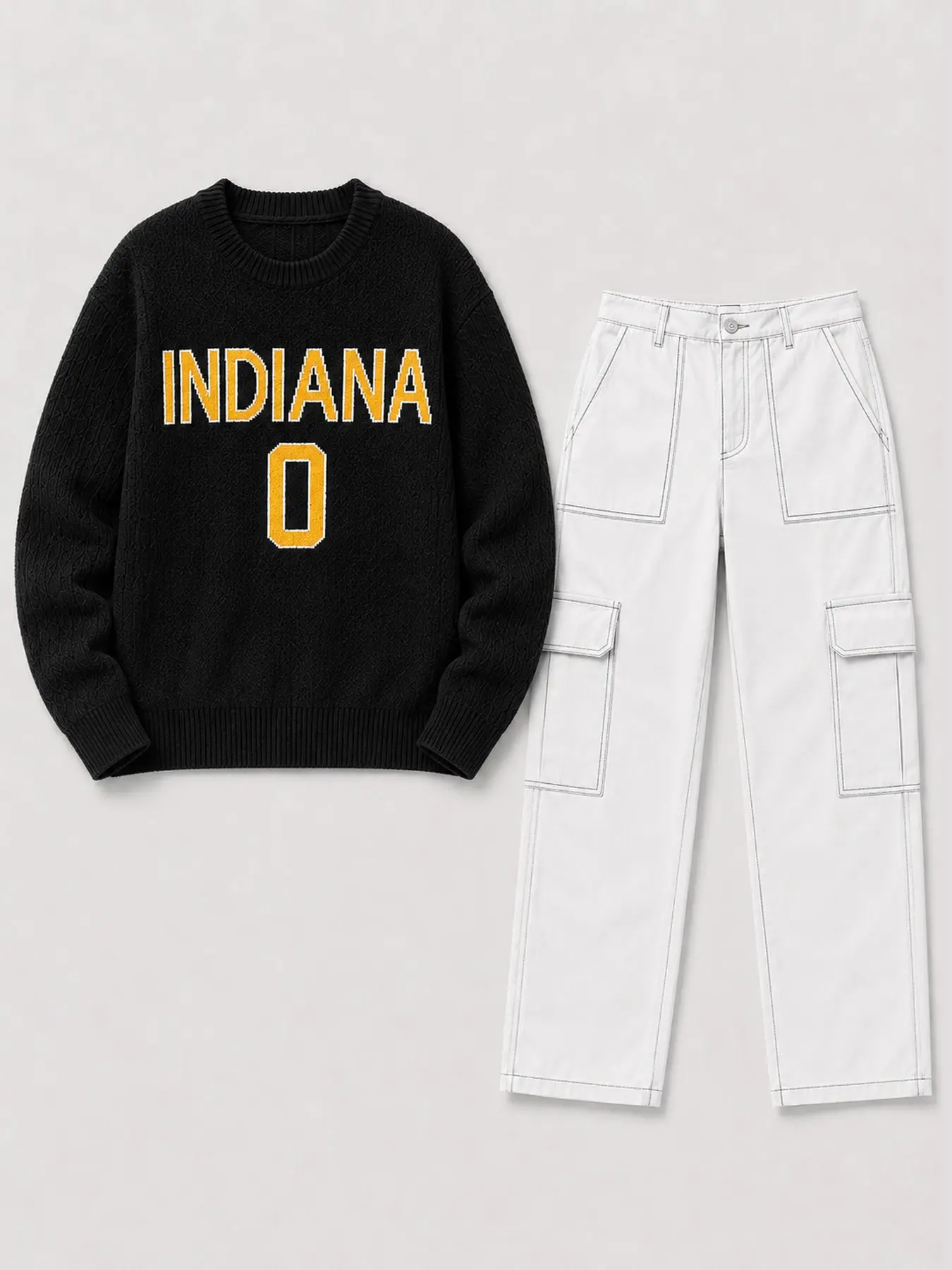 Men's 2-Piece Indiana 0 Jacquard Knit Sweater & Cargo Pants Set, Casual Slim-Fit, Letter Graphic Pullover, Multi-Pocket Trousers, Fall Winter