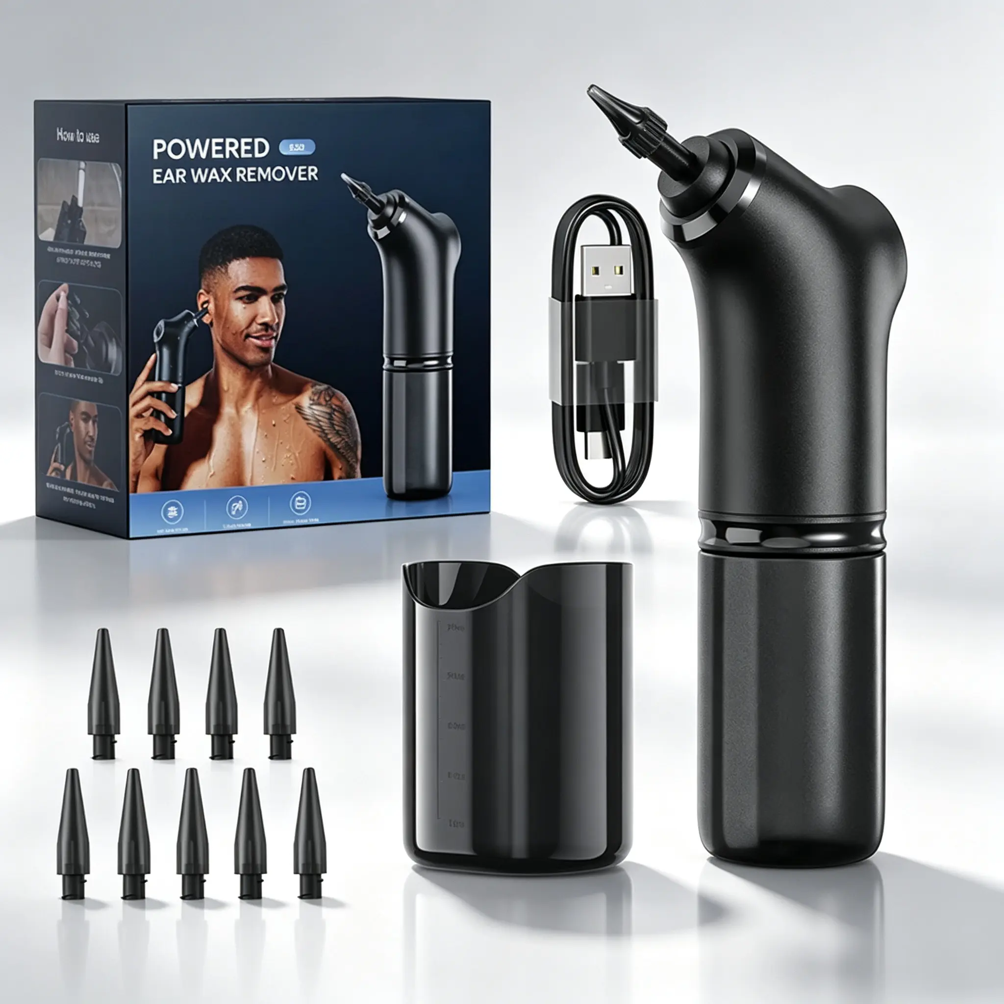 Rechargeable Electric Ear Irrigation Kit, 4 Adjustable Working Modes Powered Ear Wax Remover with Graduated Measuring Cup, Gentle Home Ear Cleaner Replaces Unsafe Manual Ear-Picking Ways for Daily Family Ear Maintenance