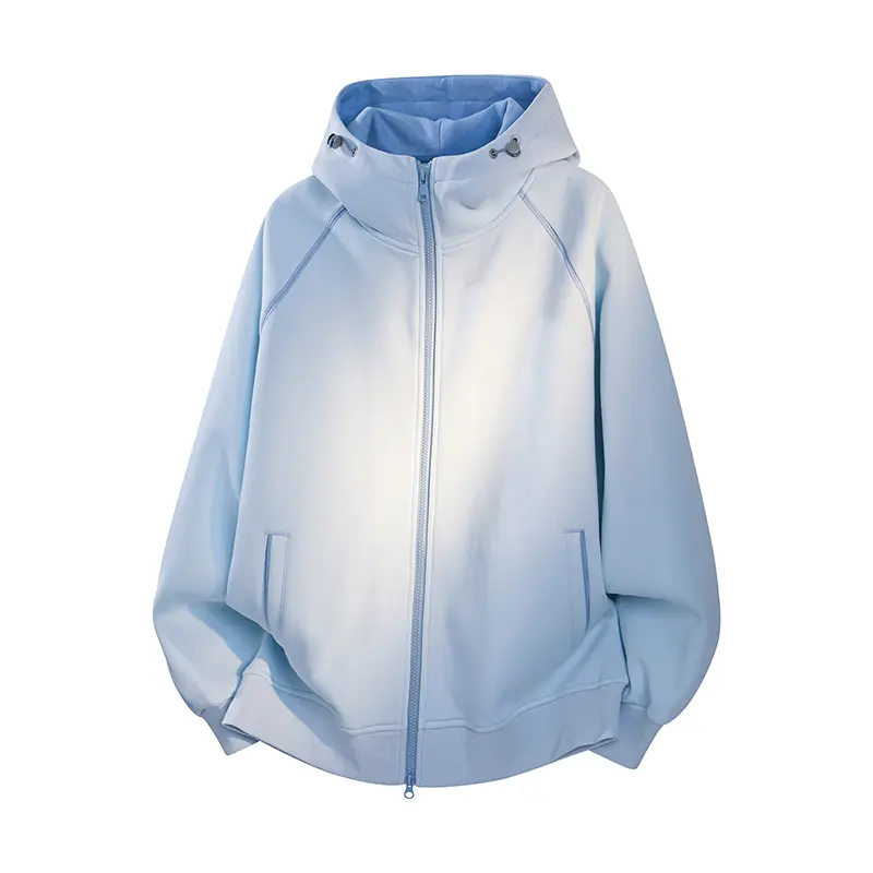 Men's spliced hooded cardigan sweatshirt jacket for autumn. It adopts full-zip design with adjustable toggle hood. Simple solid color, comfortable and easy to match, ideal for daily wear.