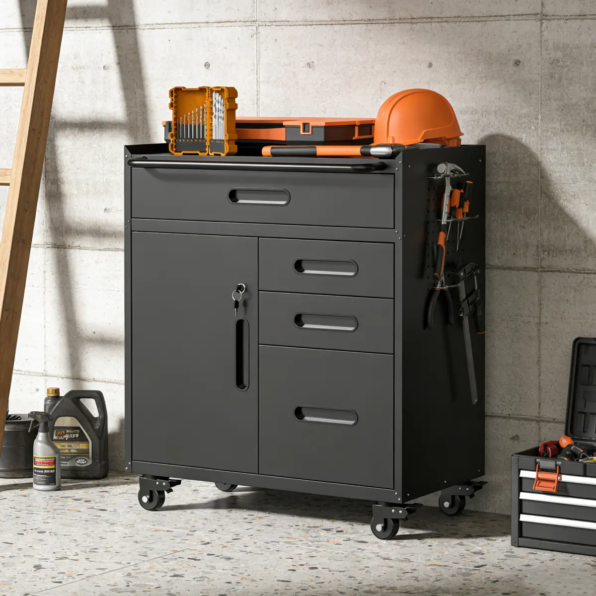 34.3" Mobile Tool Storage Cabinet - Garage Organizer with Lockable Compartment & 4 Drawers, Rolling Steel Chest for Workshop and Home Garage