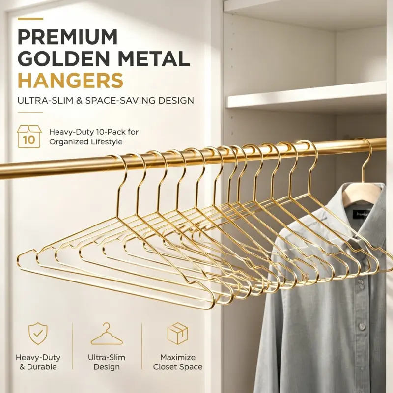 Heavy Duty Golden Thin Metal Clothes Hanger Set Of 10 Ultra Slim Design Maximize Wardrobe Storage Space Wire Garment Holder