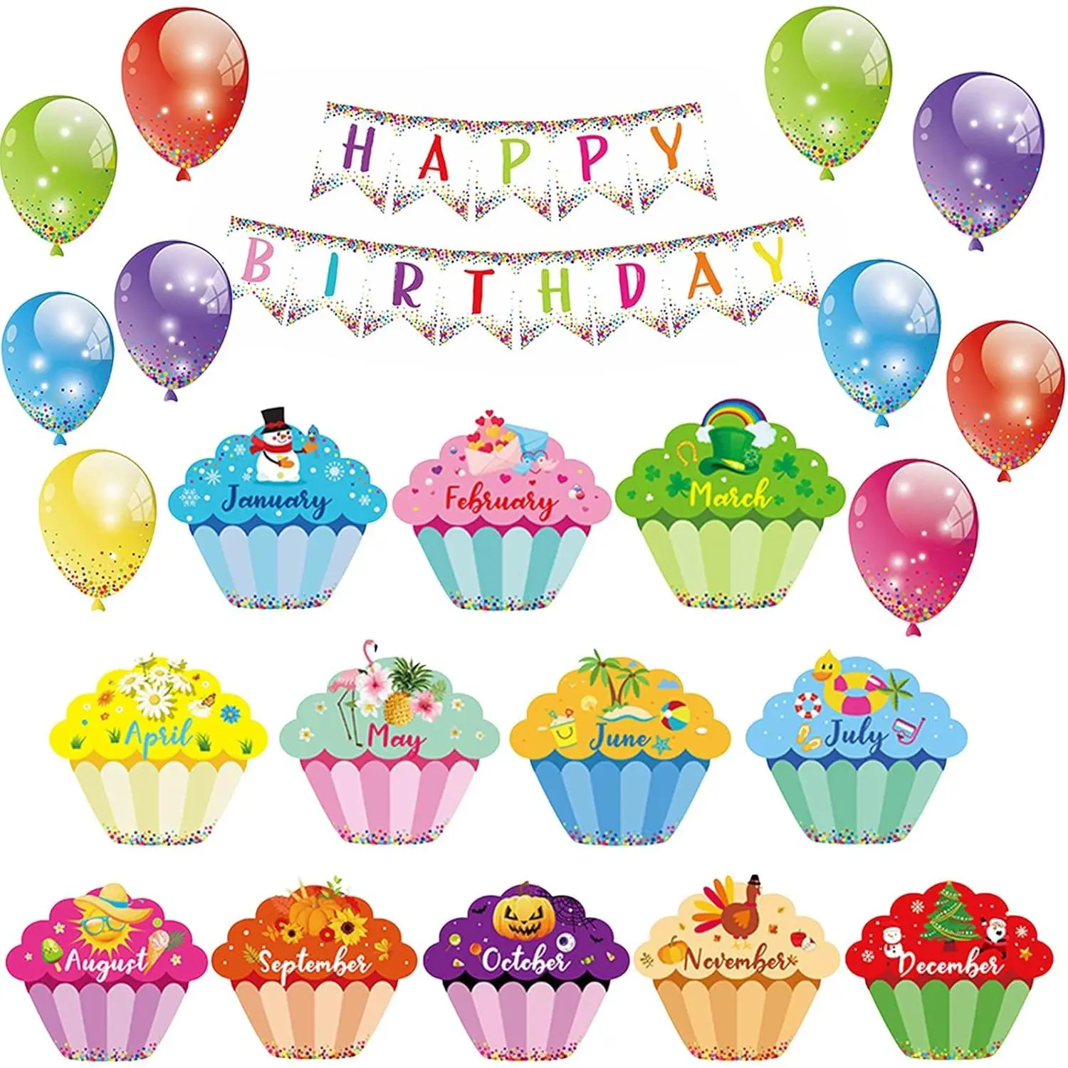 25 count Happy Birthday Bulletin Board Decorations Set Colorful Birthday Cupcake Balloons Paper Cutouts Bday Chart for  to School Classroom Wall Decor Calendars Boards