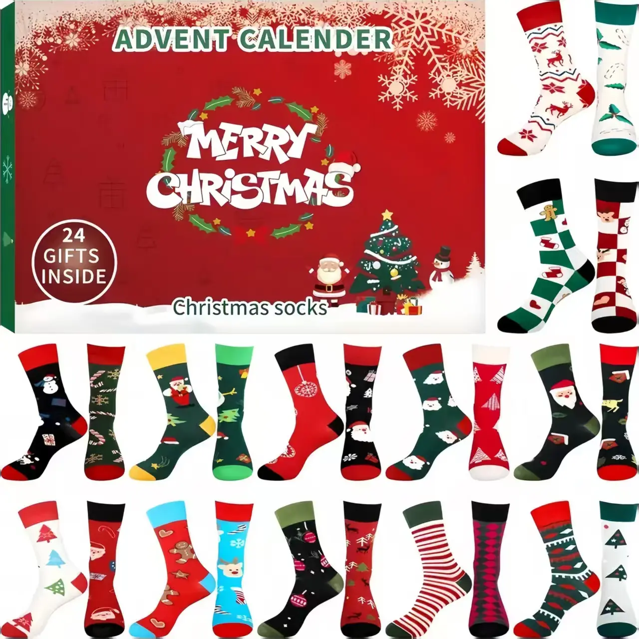 24pcs Socks Holiday Surprise Calendar, Christmas & New Year Countdown, 24 Days Gift Set, No Power Needed, Durable Material