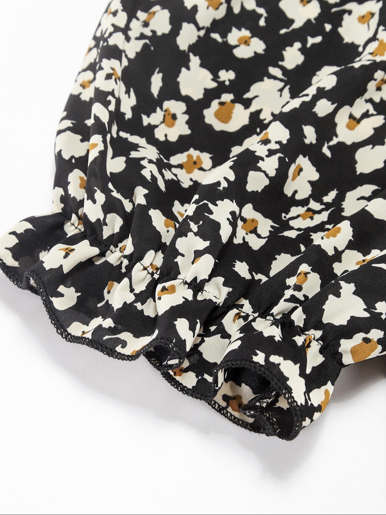 【Plus Size】 Floral Print Frill Trim A Line Dress, Boho Puff Sleeve Shirred Dress for Beach Holiday Vacation, Women's Casual Clothes for Summer