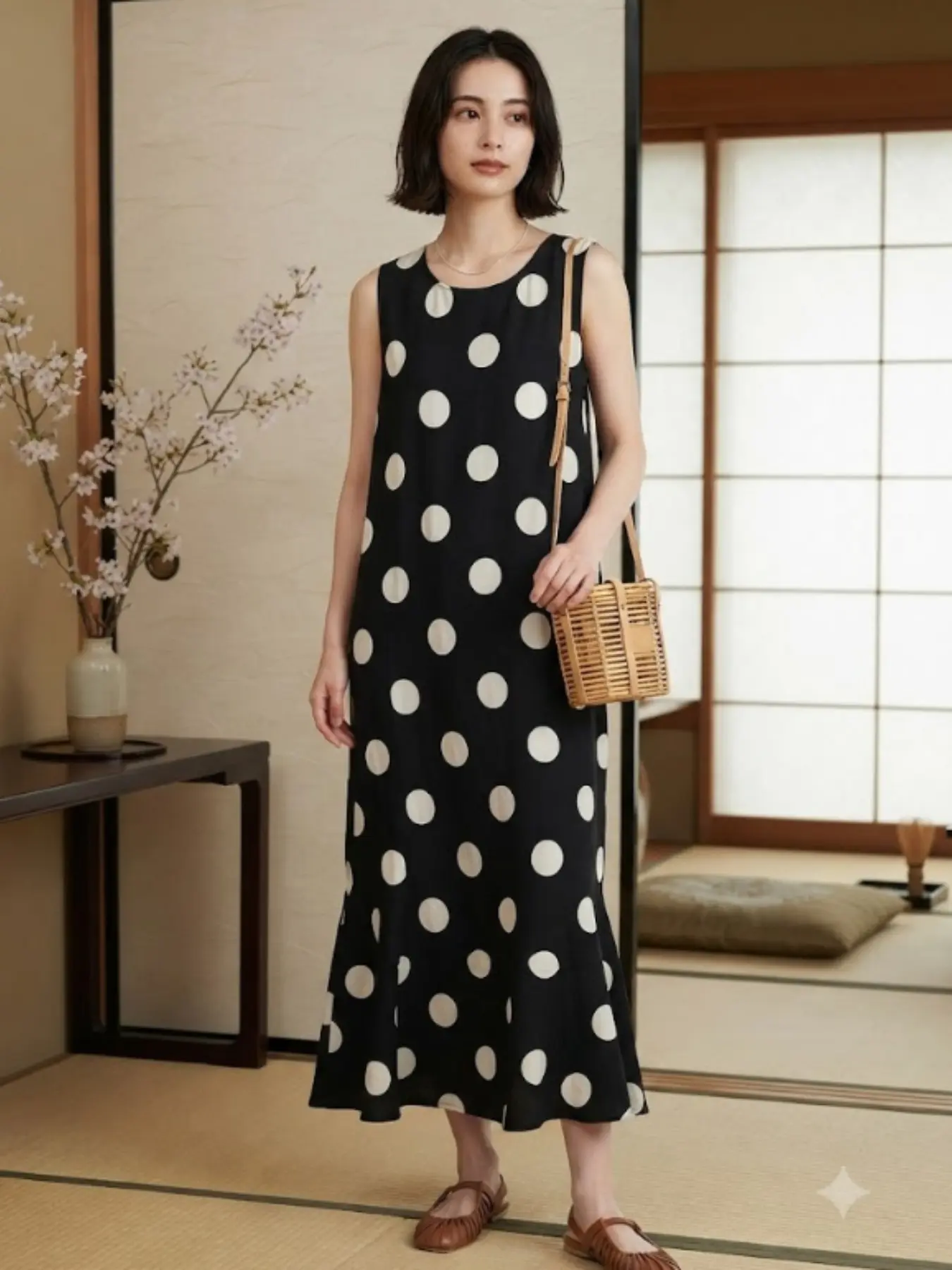 Design Sensational Backless Drawstring Polka Dot Dress, Korean Style Sleeveless Tank Top Skirt, Casual Solid Pattern Unlined Plain Surface