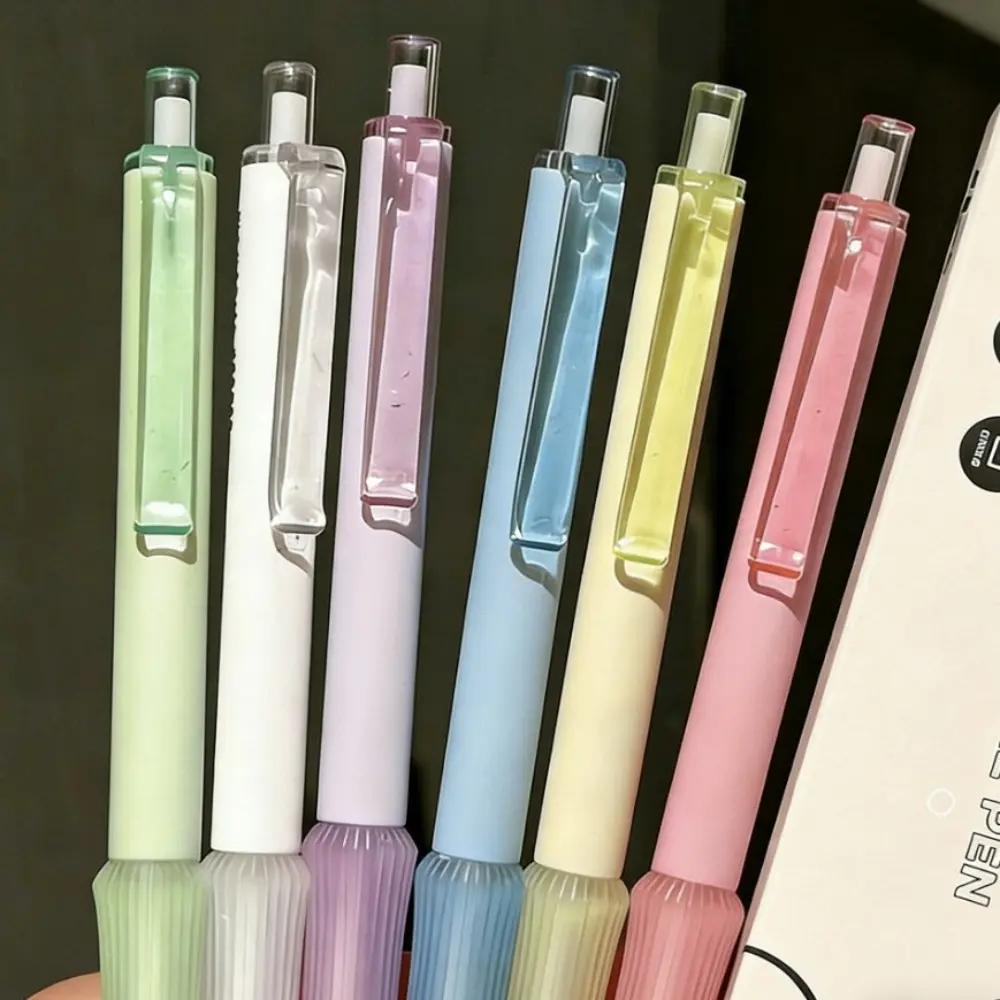 6Pcs Macaron color press neutral pen, vertical pattern thickened soft glue pen grip, buffer hand pressure, comfortable finger protection for long-term writing, 0.5mm fine nib ink