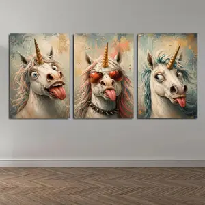 Funny Unicorn Triptych Canvas Wall Art, Whimsical Animal Poster Set for Living Room Bedroom Kids Room Playroom Office Decor, Available as Unframed Canvas Poster or Framed Canvas Wrap