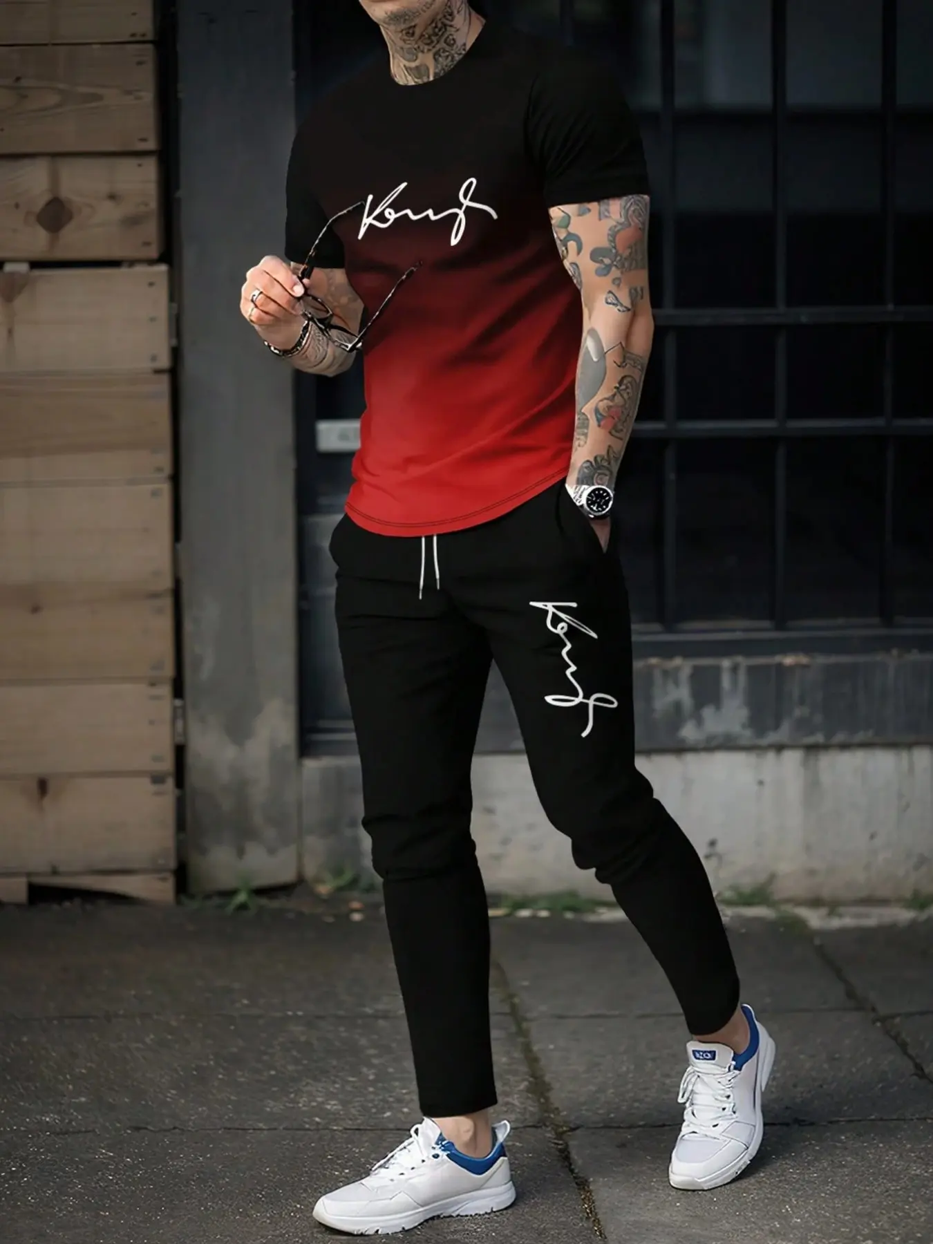 Men's 3D Letter Gradient Print Short-sleeved T-shirt and Drawstring Trousers two-piece Set,Fashionable Streetwear Outfit.