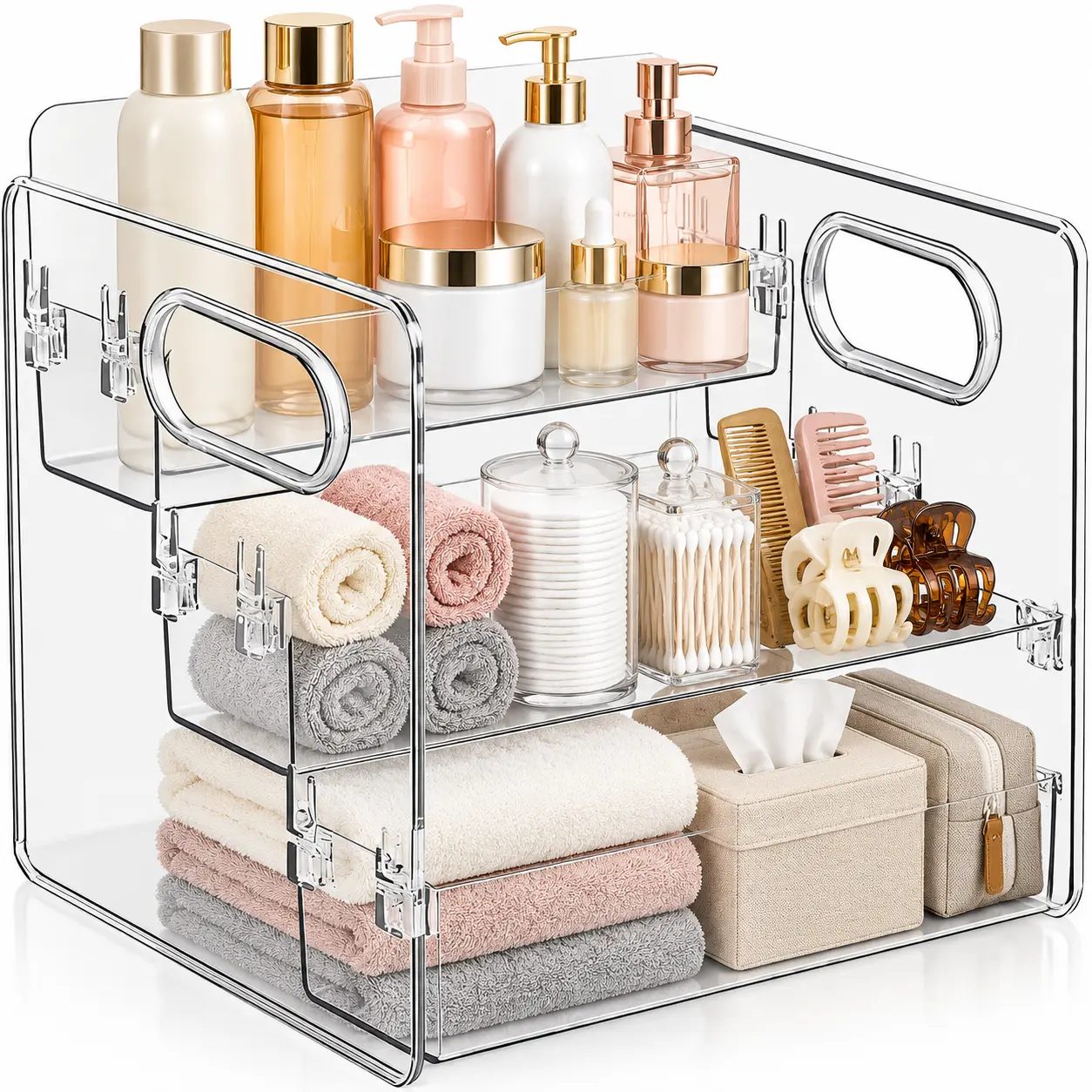 No-Assembly 3-Tier Acrylic Organizer with Handles — Snap-In Clear Storage Rack for Spices, Makeup & Medicine, Stepped Shelf with Rear Baffle, Easy-Clean Vanity & Pantry Countertop Organizer