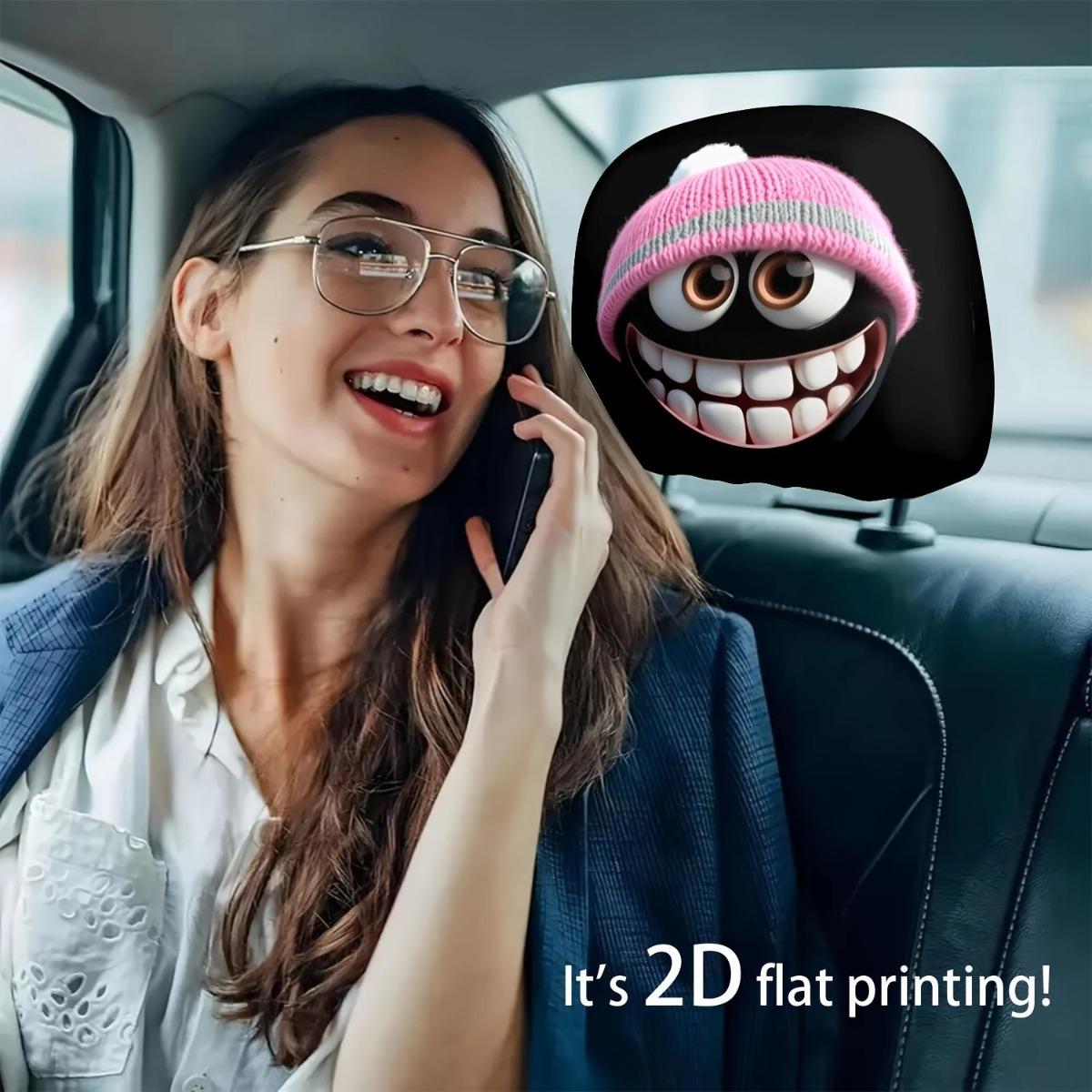 2 Pack Cute Hat Car Headrest Covers, Fun Face Print Neck Pillow Protector, Seat Covers, All Seasons Car Interior Accessories, Gifts for Drivers, Car Interior Accessories