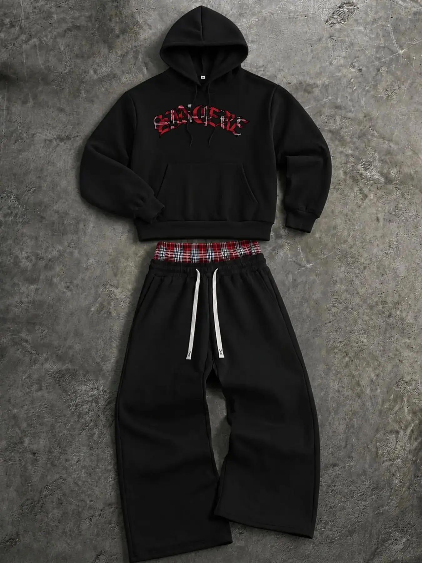 Men's Dark Street Style Aesthetic Hoodie Set, Plaid Contrast Waist Drawstring Wide Leg Pants, Trendy Sweatshirt and Long Pants Two Piece Set