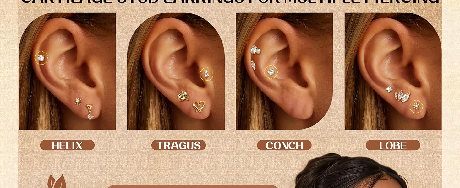 ZELORES 3 Pairs Gold Plated Flat Back Earrings for Women Silver Post Tragus Cartilage Earring Set for Multiple Piercing Trendy Flatback Stud Earrings minimalist elegant fashion Earcuff