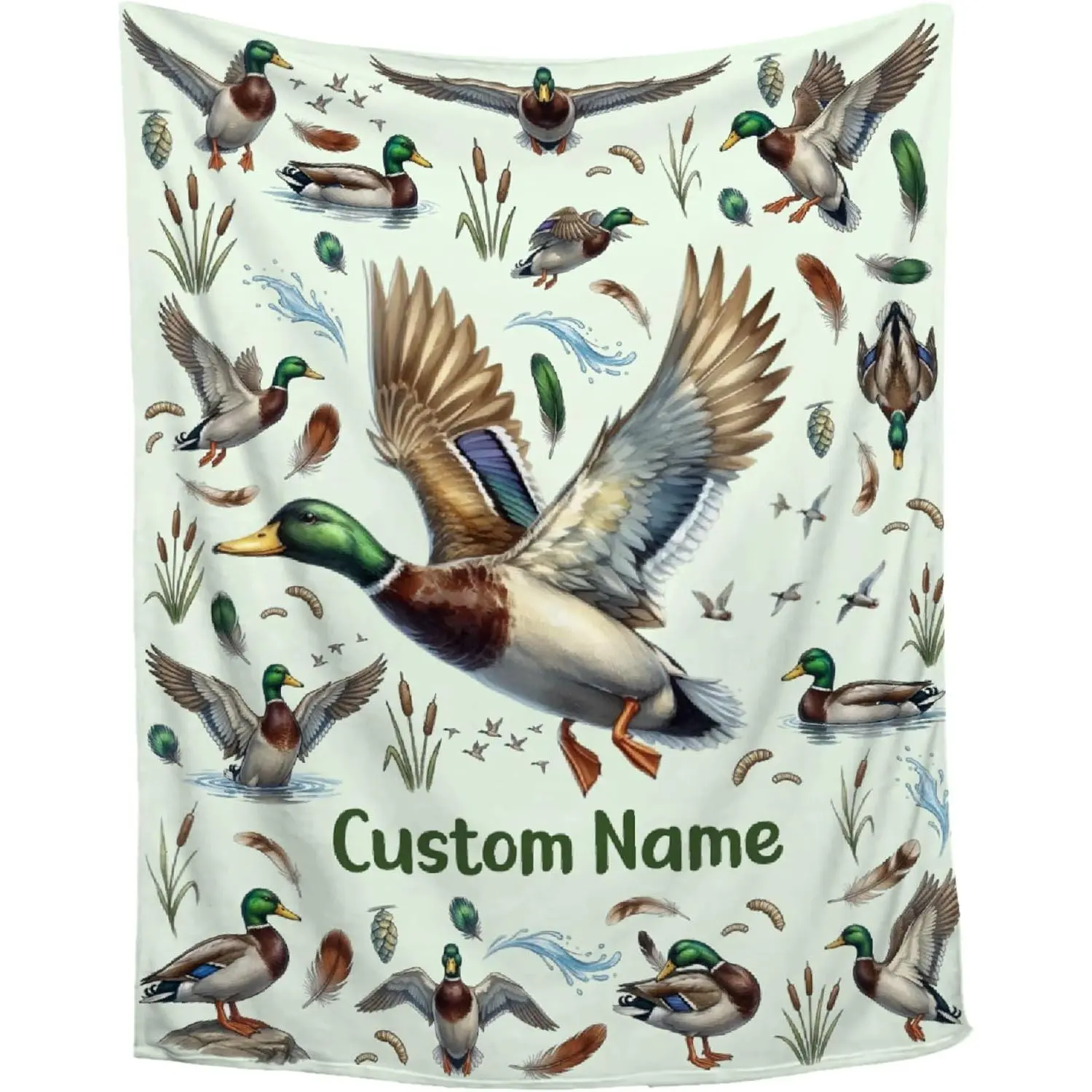 Rustic Mallard Duck Throw Blanket, Vintage Watercolor Flannel Blanket, Soft Cozy Warm Throw, Custom Name Personalized Design, Gift for Him Dad Outdoorsman Hunter, Hunting Lodge Cabin Man Cave Couch Decor # blankets