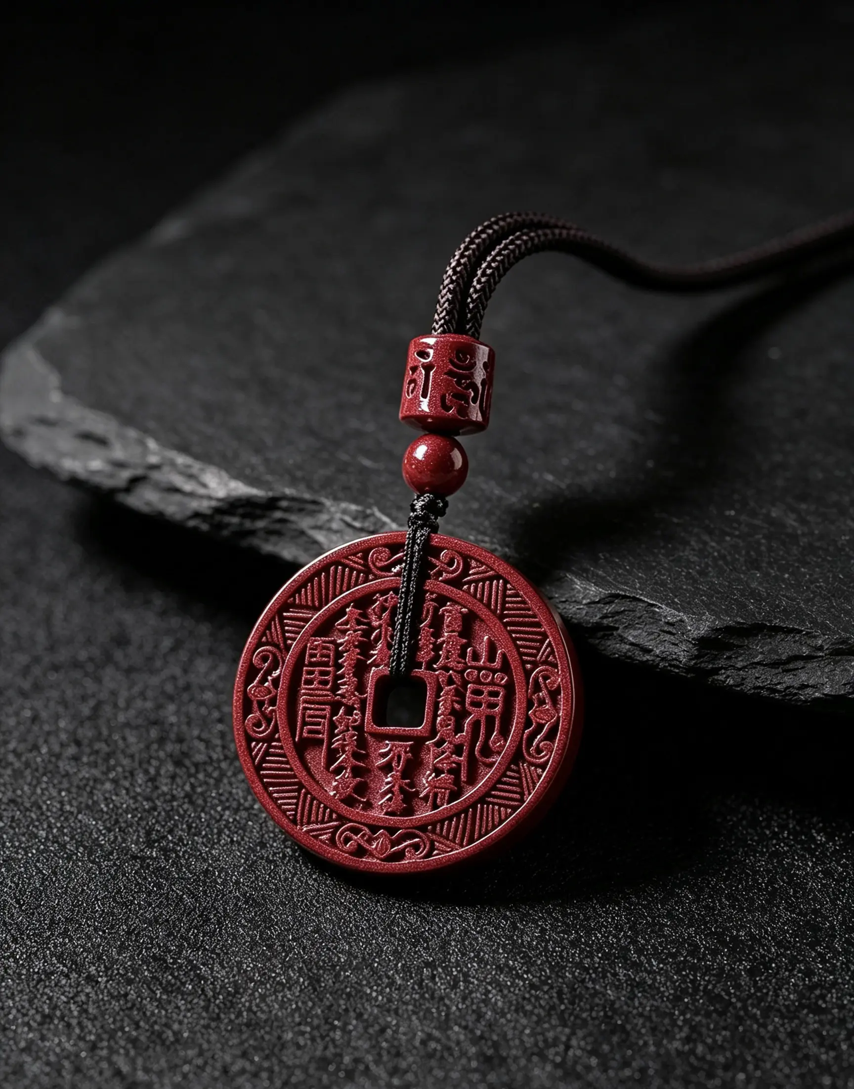 Traditional Carved Cinnabar Stone Coin Necklace & Keychain Set, Long Retro Clavicle Pendant for Protection & Fortune, Unisex