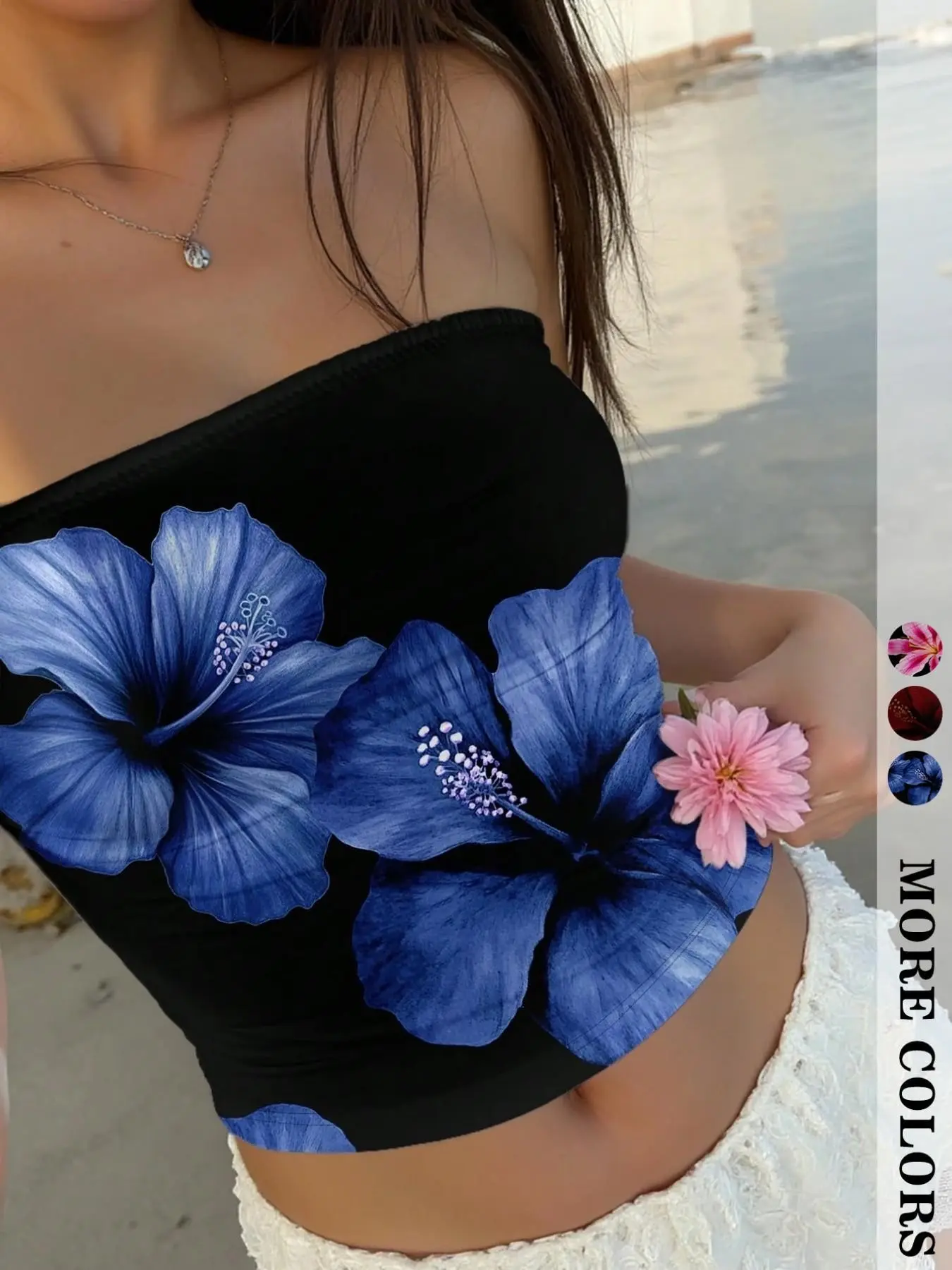 Y2K Sweet Spicy Strapless Crop Top, Background Large Floral Print, Elastic Waist, Multiple Colors, Retro Beach Fashion