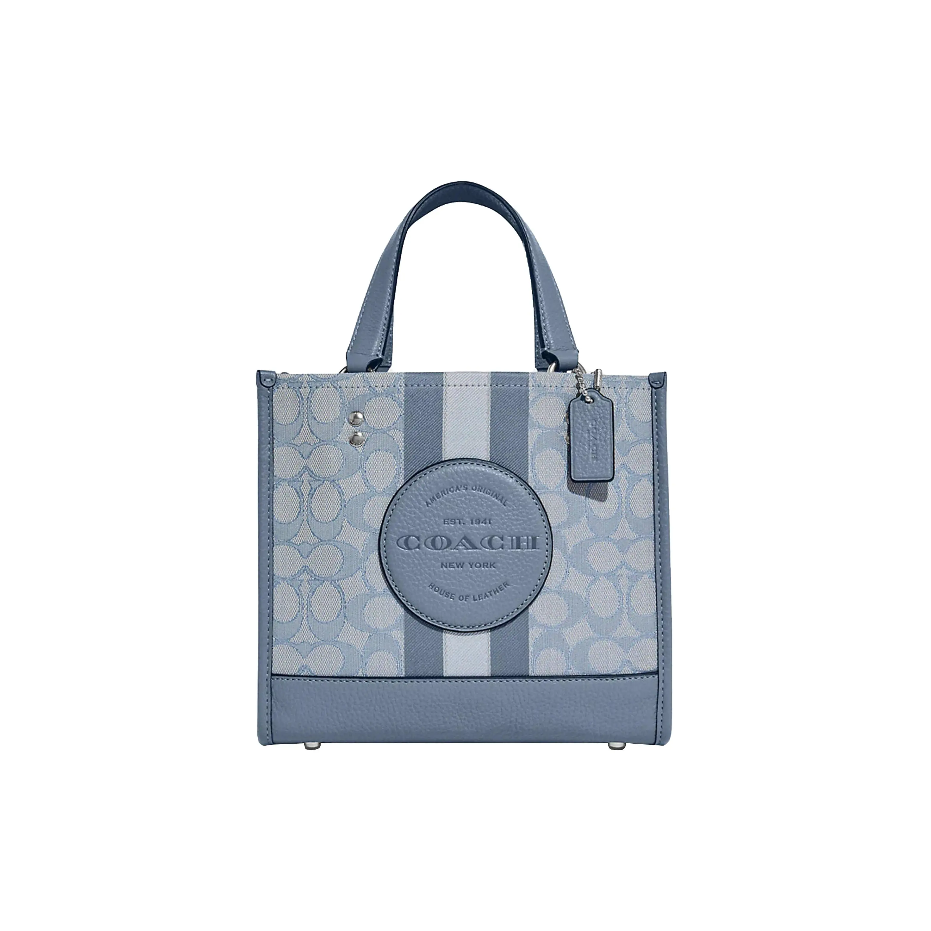 COACH Dempsey 22 Tote Bag for Women – Classic Stripe Logo Patch, Fabric and Cowhide Leather, Marble Blue