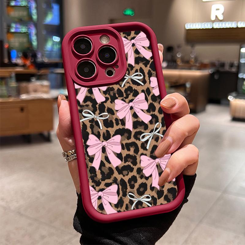 Case for iPhone 17 Pro Max 16 Plus 15 14 13 12 11 Air E Fashion Bowknot Leopard Pattern  Drop Protection Shockproof Soft Silicone smartphone Cover