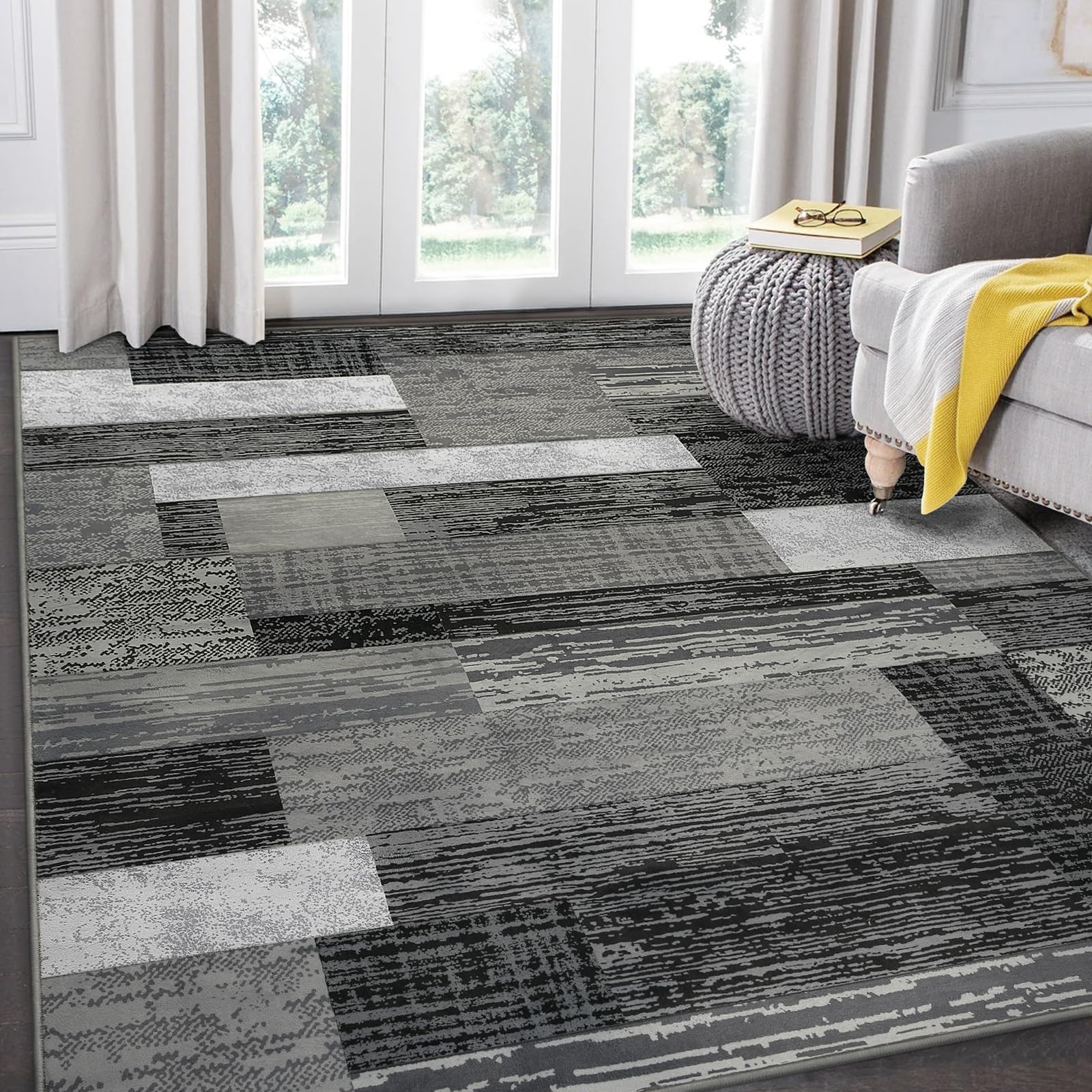 Large Area Rugs,Modern Geometric Patchwork Floor Decor for Bedroom Aesthetic Carpet, Rockwood Collection, Indoor Rugs for Living Room, Dining Room, Nursery, Office, Machine Washable Rug,6x9 Ft Grey