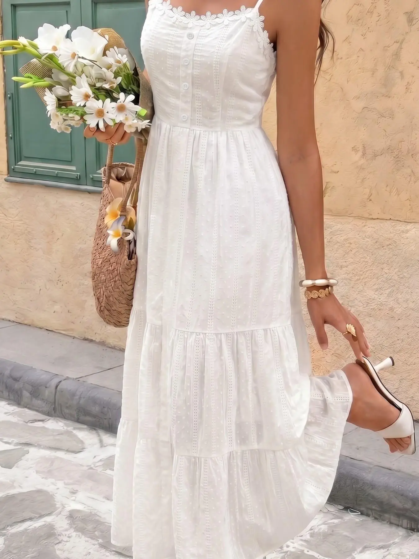 Elegant Chic White Lace Trim Camisole Midi Dress, Boho Tiered Backless Sundress for Summer Date & Picnic, Elegance