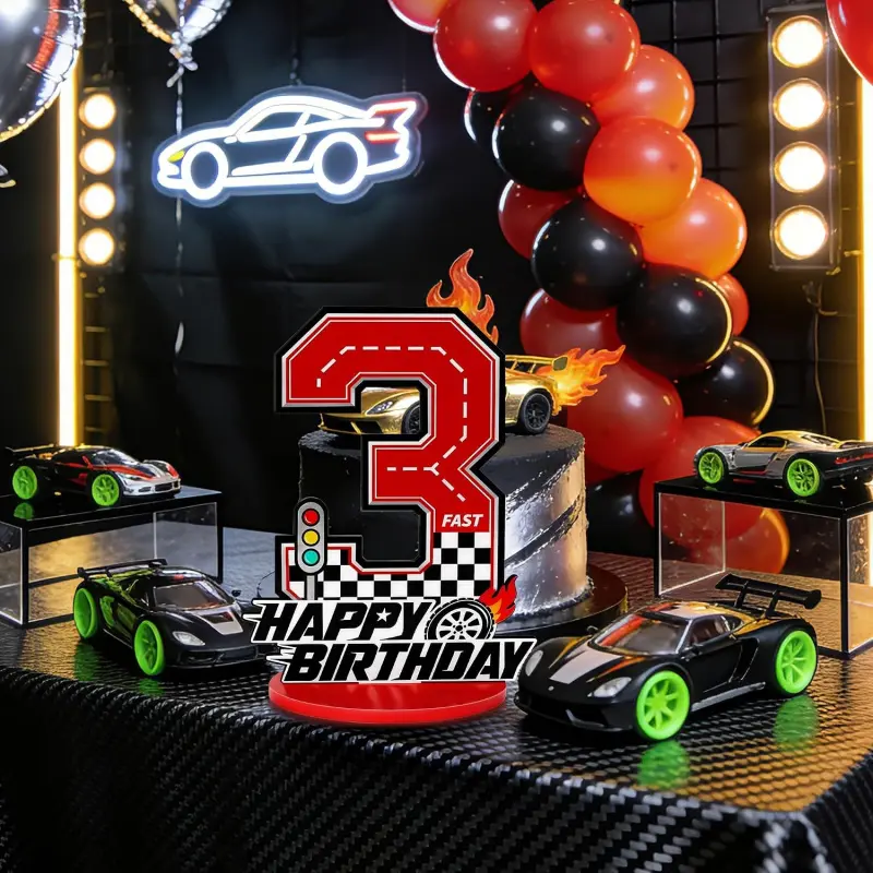 3 4 5 Years Old Birthday Number Sign Centerpiece Decor, Racing Car Birthday Party Wooden Table Cake Decoration Auto Theme Birthday Party Supplies