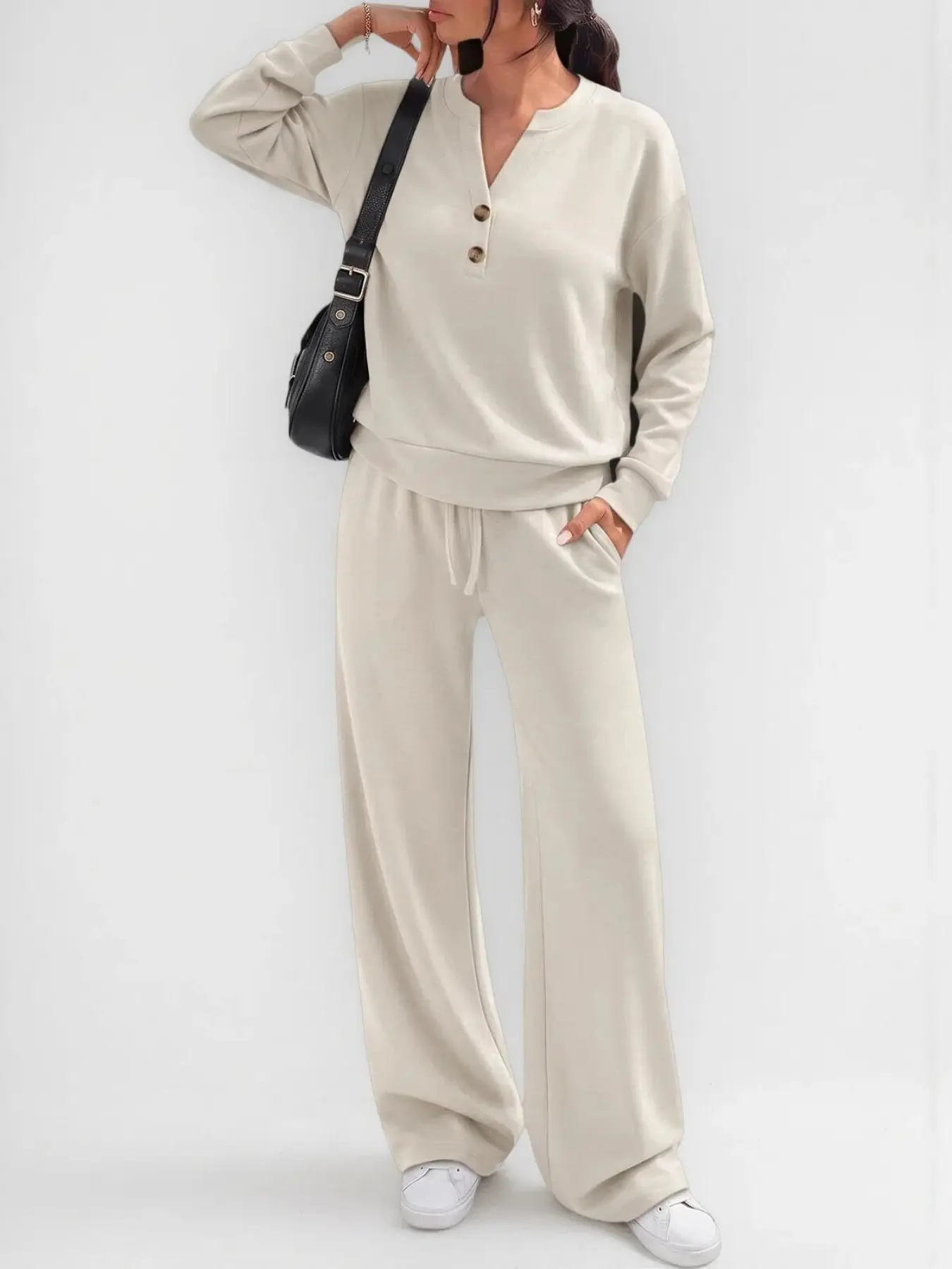 Women's Two-Piece Set Henry Neck V-Neck Fall Casual, Tall Women's Leisure Suit, Comfortable Sporty Autumn Winter Wear, Wide Leg Pants Home Set
