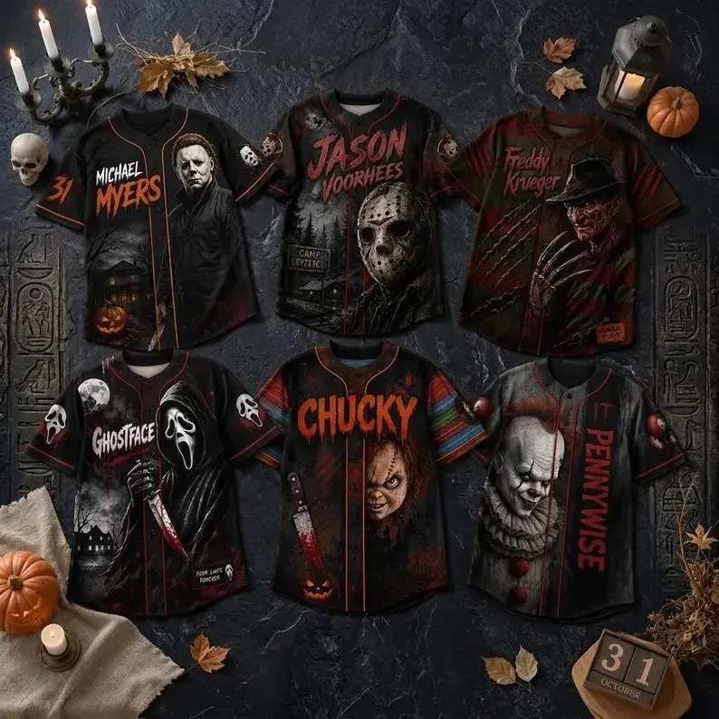 Horror Baseball Jersey, Horror-themed Hoodies, Horror Fans, Halloween Outfits, Mask Killer Shirt, Spooky Squad Halloween Uniform # Halloween Hoodie #   Halloween Outfits #   Halloween Gifts