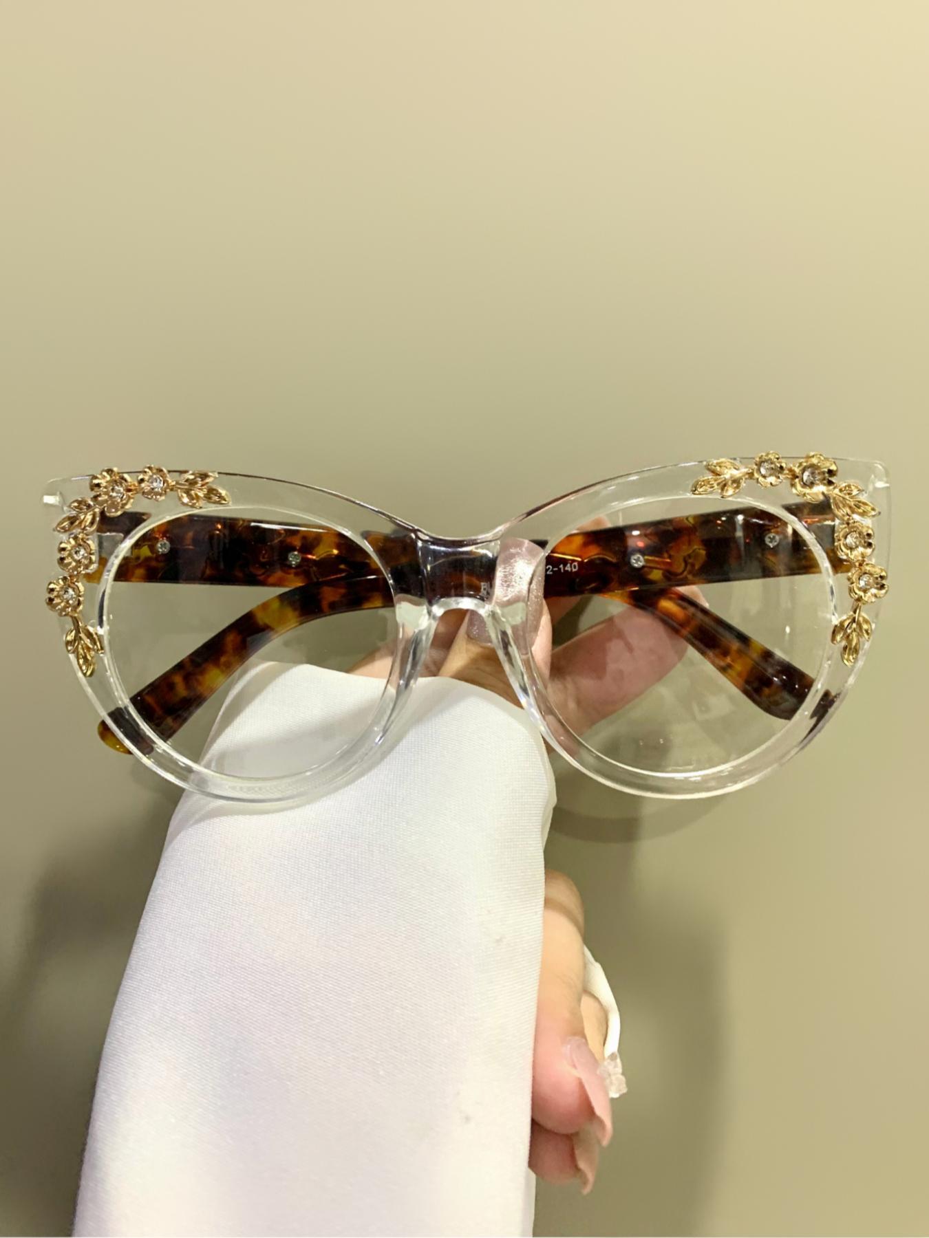Women's Elegant Leopard & Flower & Rhinestone Decor Eyeglasses, Trendy Casual Cat Eye Frame Eyeglasses for Everyday Use, Fashion Accessories for Women & Girls, Leopard Pattern Eyeglasses, Stylish Glasses, Stylish Trendy Eyewear