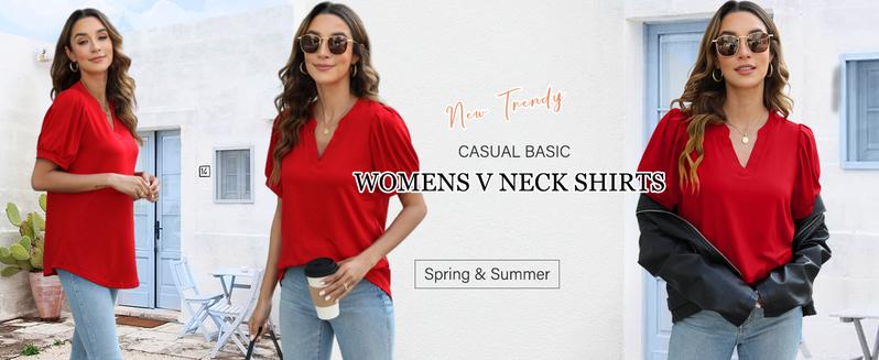 WIHOLL Women's Pleated Puff Sleeve Tops Summer V Neck Tunic Shirts Loose Curved Hem Blouses Dressy Casual S-3XL