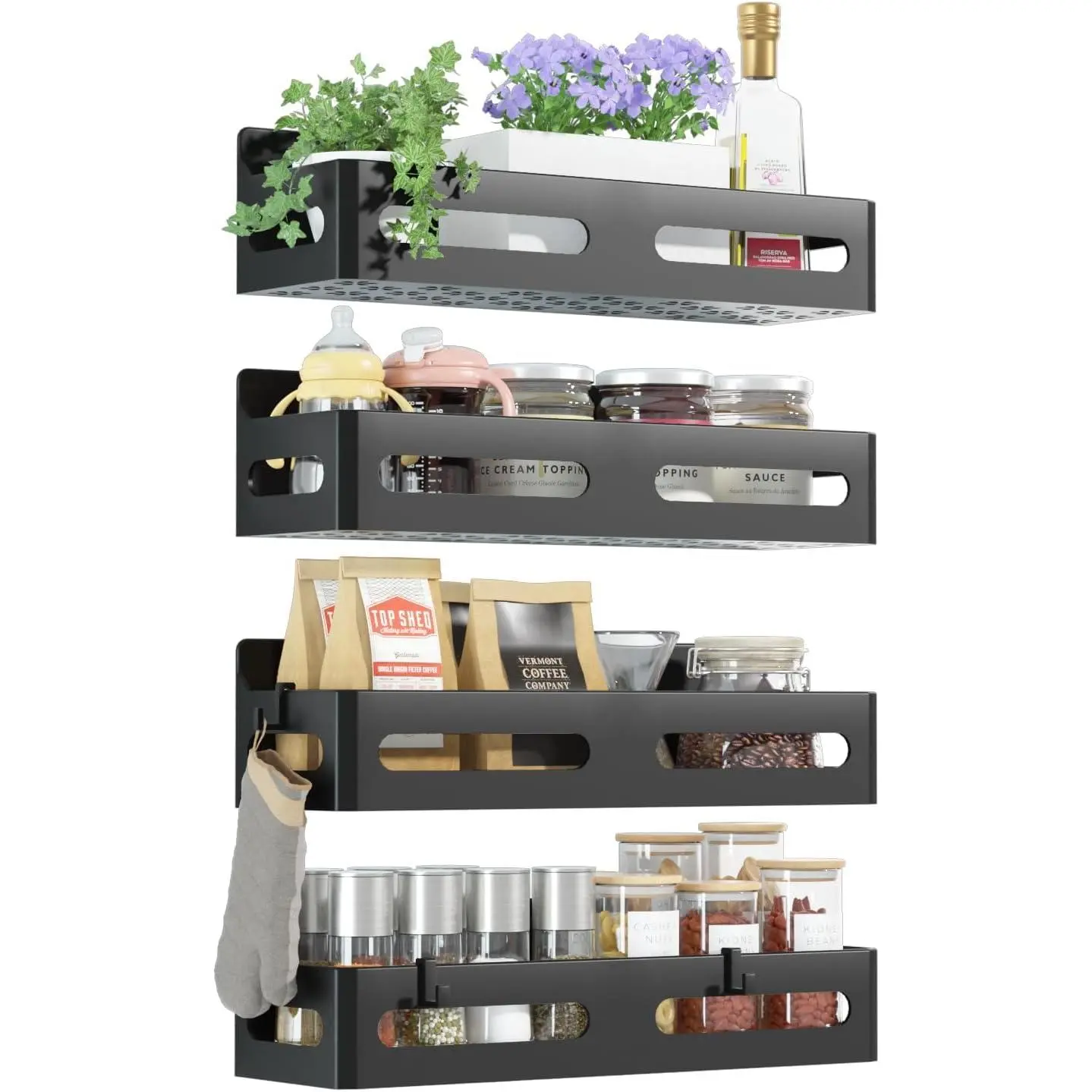 Black 4-Piece Magnetic Spice Rack Set Pack for Refrigerator with Magnetic Hooks