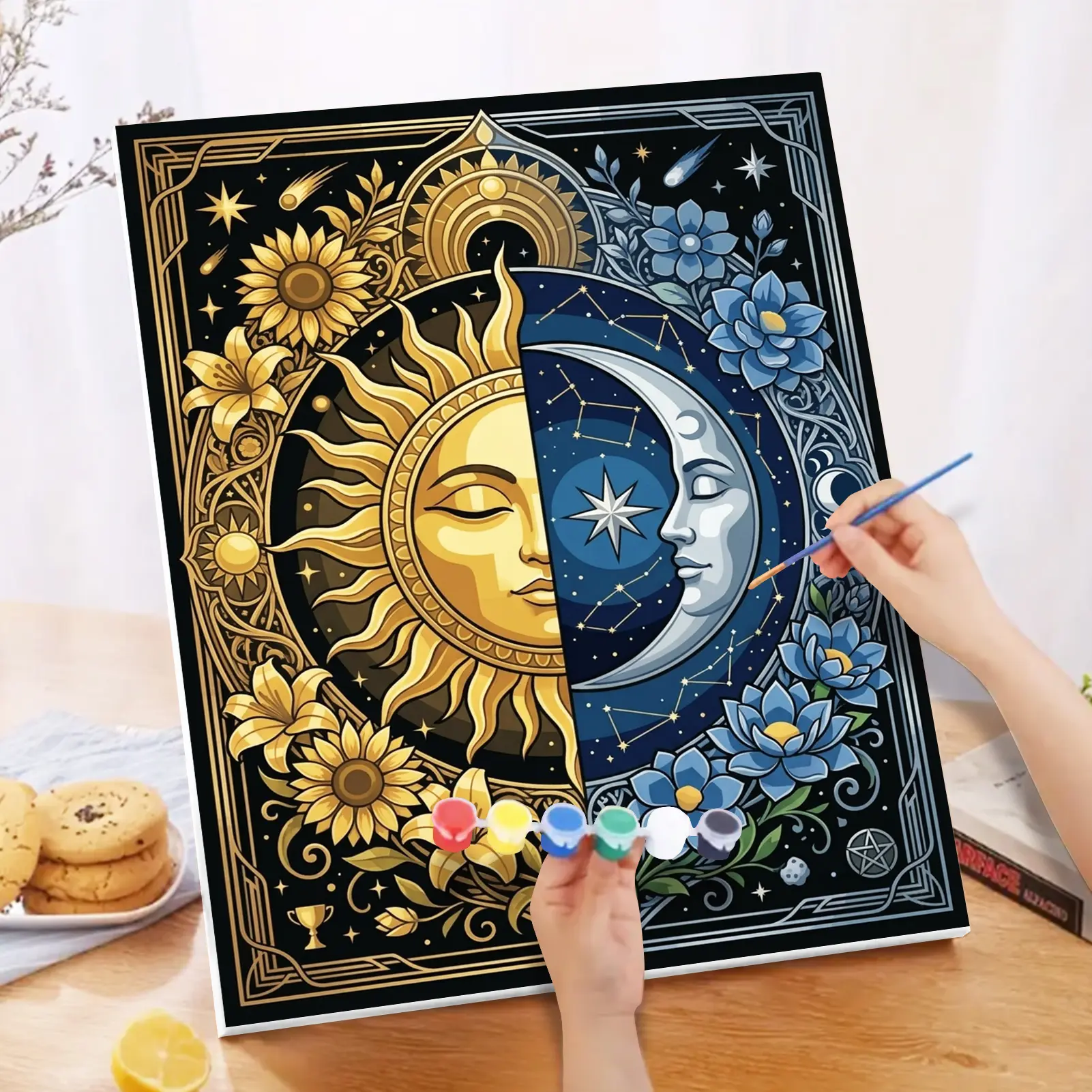 Paint By Numbers Kit for Adults Beginners - 16x20in / 40x50cm Color Canvas, Easy DIY Sun and Moon Acrylic Painting Set - Wall Decor for Living Room and Bedroom, Creative Gift for Birthday, Mother's Day and Christmas, Without Frame, DIY Decorative Painting