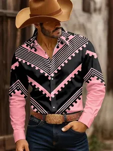 Men's Western Style Long Sleeve Casual Shirt, Fashion Ethnic Wind Men's Top, Loose-Fitting Graphic Print, Spring & Fall Wear