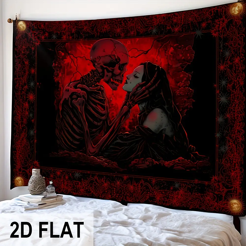 2D Flat Banner red and black gothic skeleton couple printed polyester photography backdrop, HD digitally printed soft lightweight foldable background cloth, suitable for portrait photography, product photos, video studio shooting,