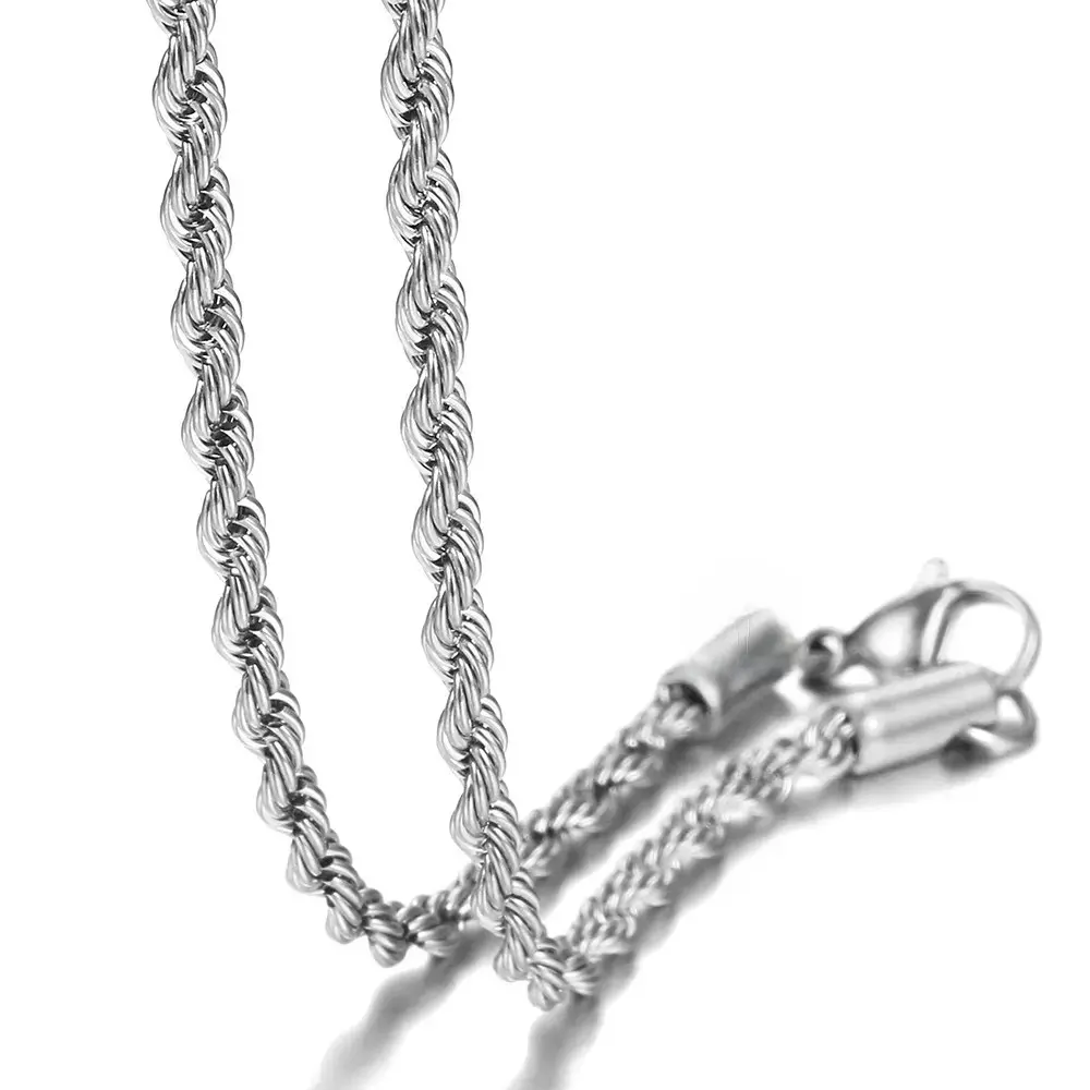 Unisex 3mm Silver Stainless Steel Twisted Rope Chain & Link Necklace - 20in/22in Long, No Pendant, Casual Jewelry, Classic Anniversary Gift, Suitable for Daily Wear, Easy To Match