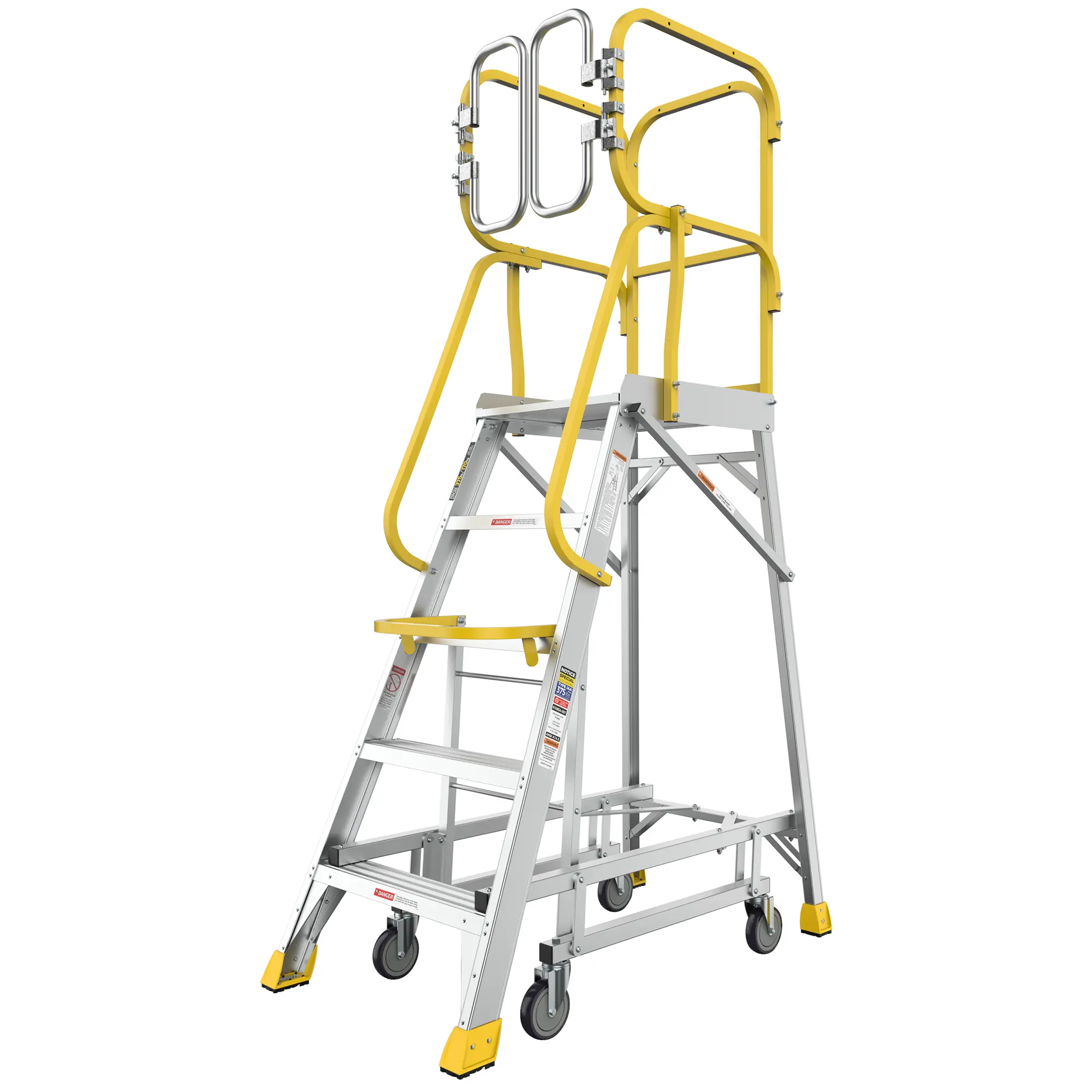 ARCH 5-Step Aluminum Rolling Platform Ladder 375lbs Capacity Silver Heavy-Duty Mobile Work Step Stool with 20x24 Platform, 360 Guardrail, Anti-Slip Diamond Steps, Transport Wheels, Non-Slip Rubber Feet for Home, Garage, Warehouse, Industrial Use