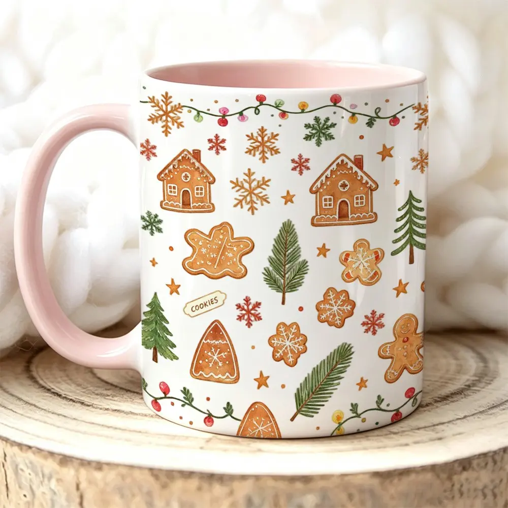 Christmas Mug, Gingerbread House Cookie Coffee Mug, Winter Snowflake Pine Tree Ceramic Coffee Cup, Perfect Gift for Family & Friends