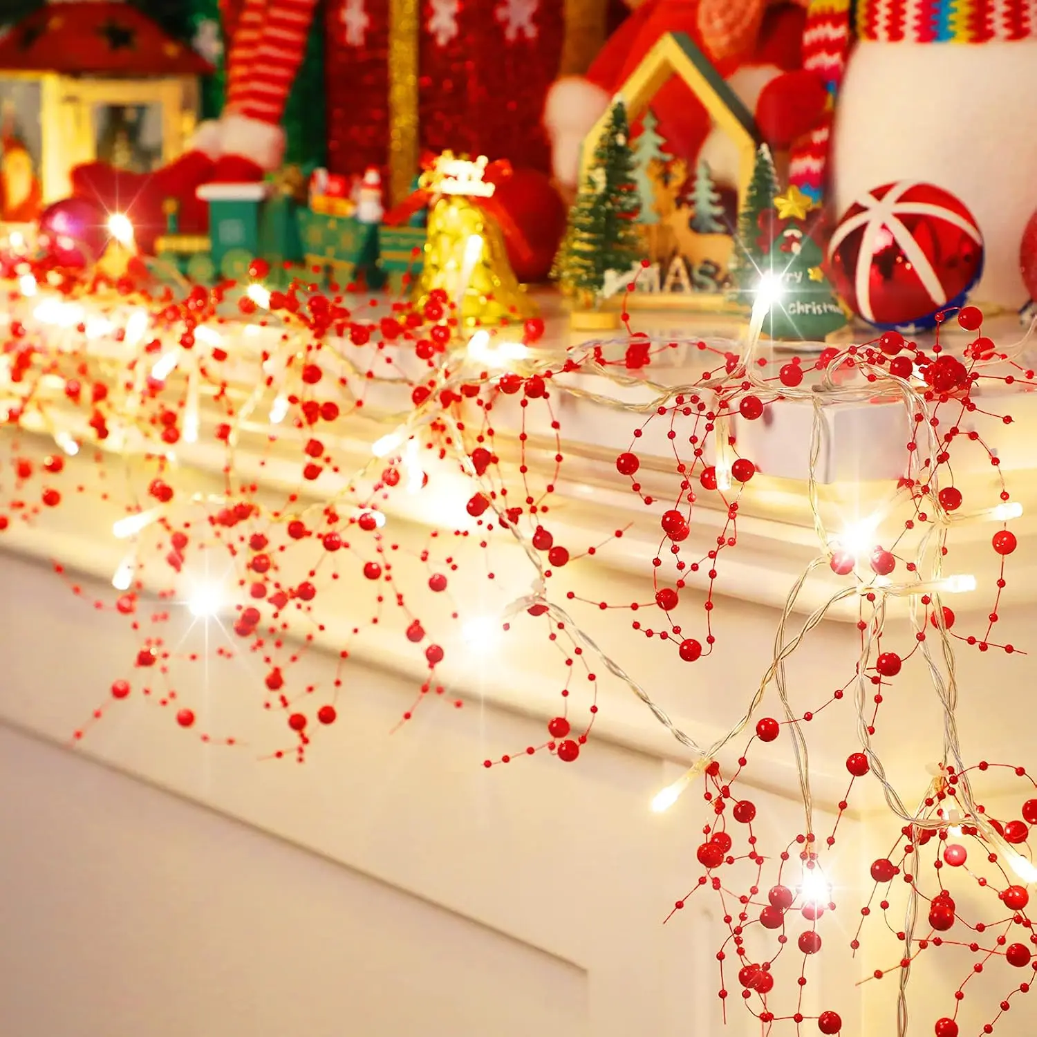 16.5 ft Modern Pre-lit Christmas Garland with Red Berry Beaded String, Warm LED Lights, Powered Indoor Decor for Fireplace, Staircase