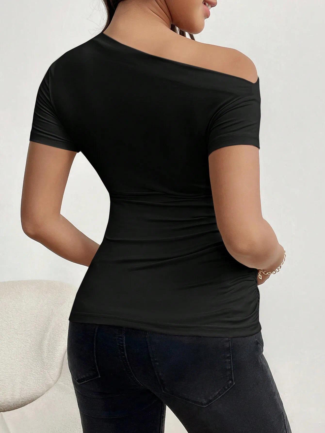 Maternity short-sleeve casual sports black T-shirt for summer, off-the-shoulder shoulder-baring maternity blouse