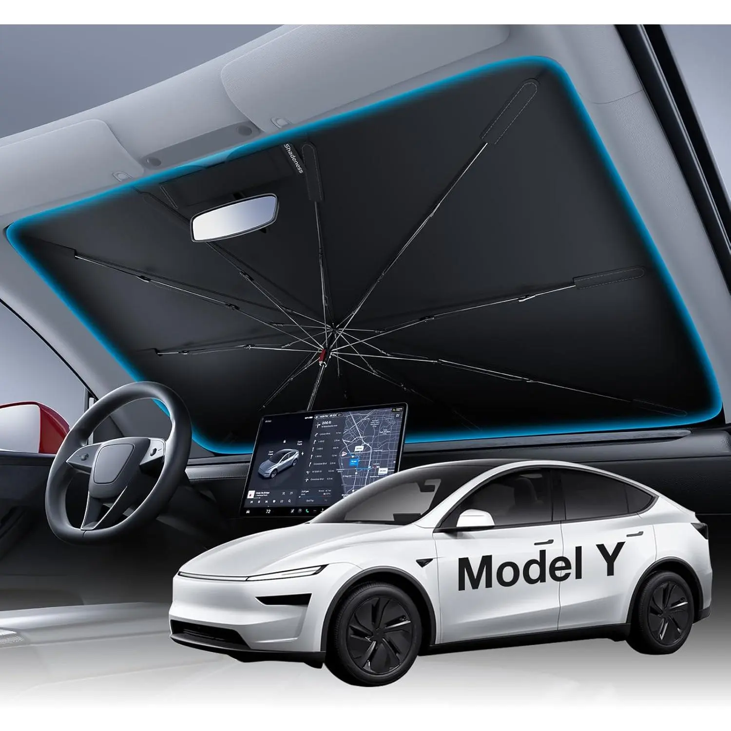 Front Windshield Sun Shade Umbrella for Tesla Model Y 2020-2026 (Juniper), Foldable Heat Block Sunshade with 100% Sun Blockage & Ice Cooling Fabric, Car Exterior Heat Insulation Accessory
