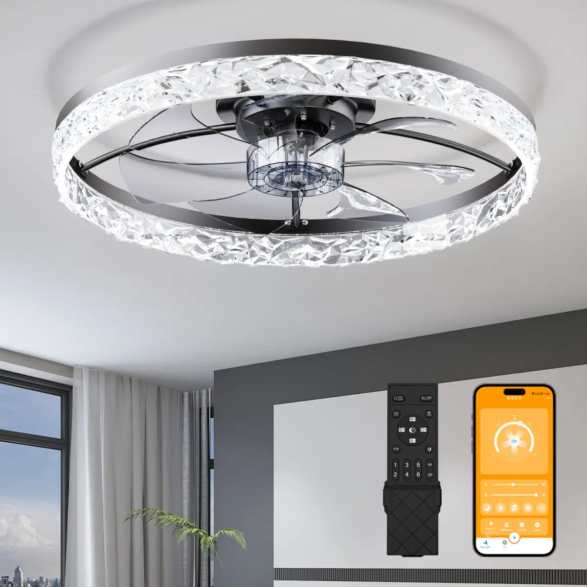23.6" Ceiling Fans with Lights Remote and APP Control, Dimmable 3-Color and 6-Speed quiet DC Motor, BLACK Ceiling Fan for Bedroom Living Room
