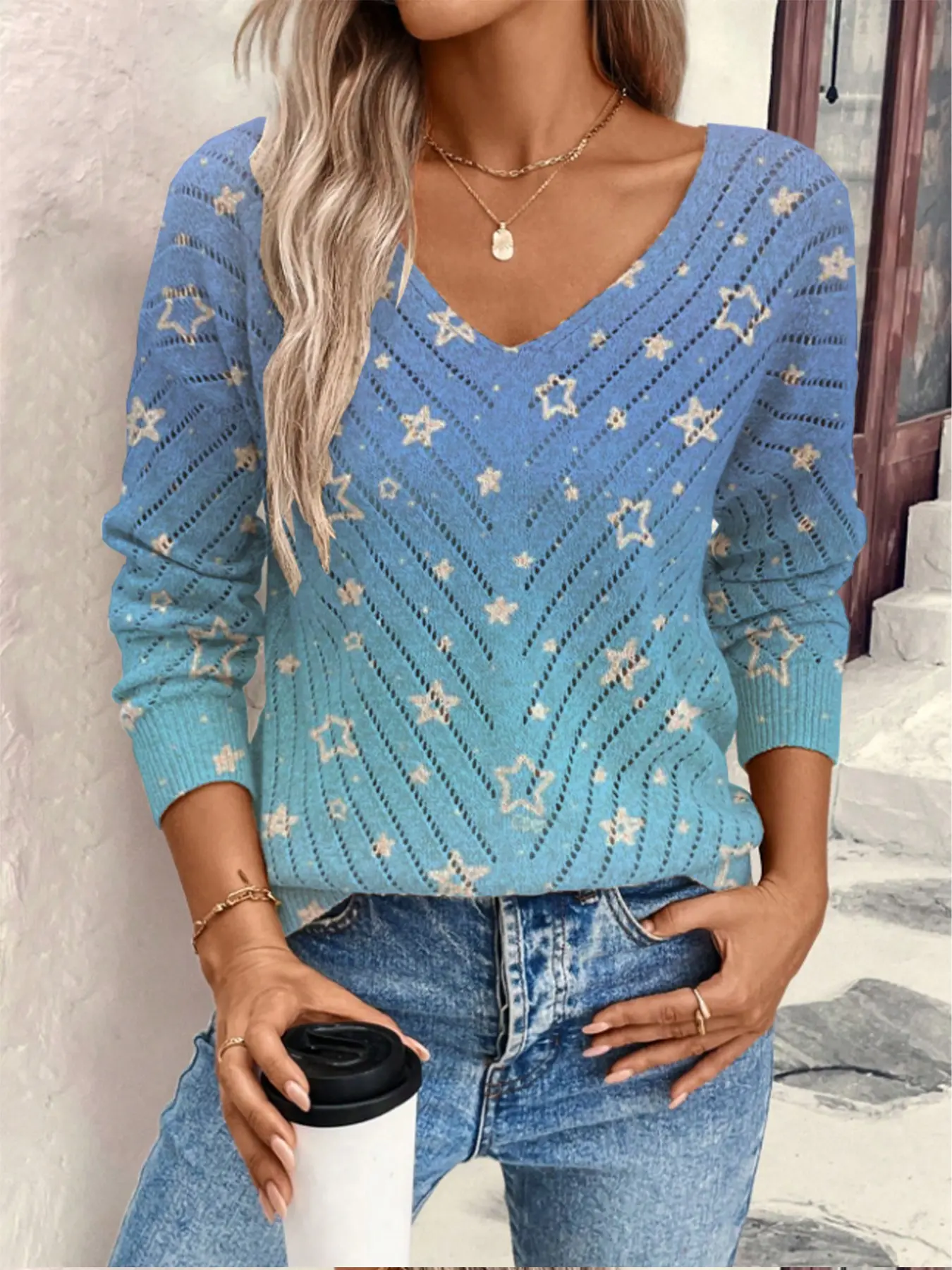 Women's Fall Star Print Knit Sweater, Hollow Out V Neck Long Sleeve, Casual Elegant, Suitable for Commute Top, Loose-Fitting