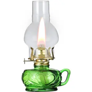 Vintage Green Colored Glass Kerosene Lamp with Handle Large Decorative Hurricane Oil Lantern for Indoor Tabletop Decor Emergency Lighting